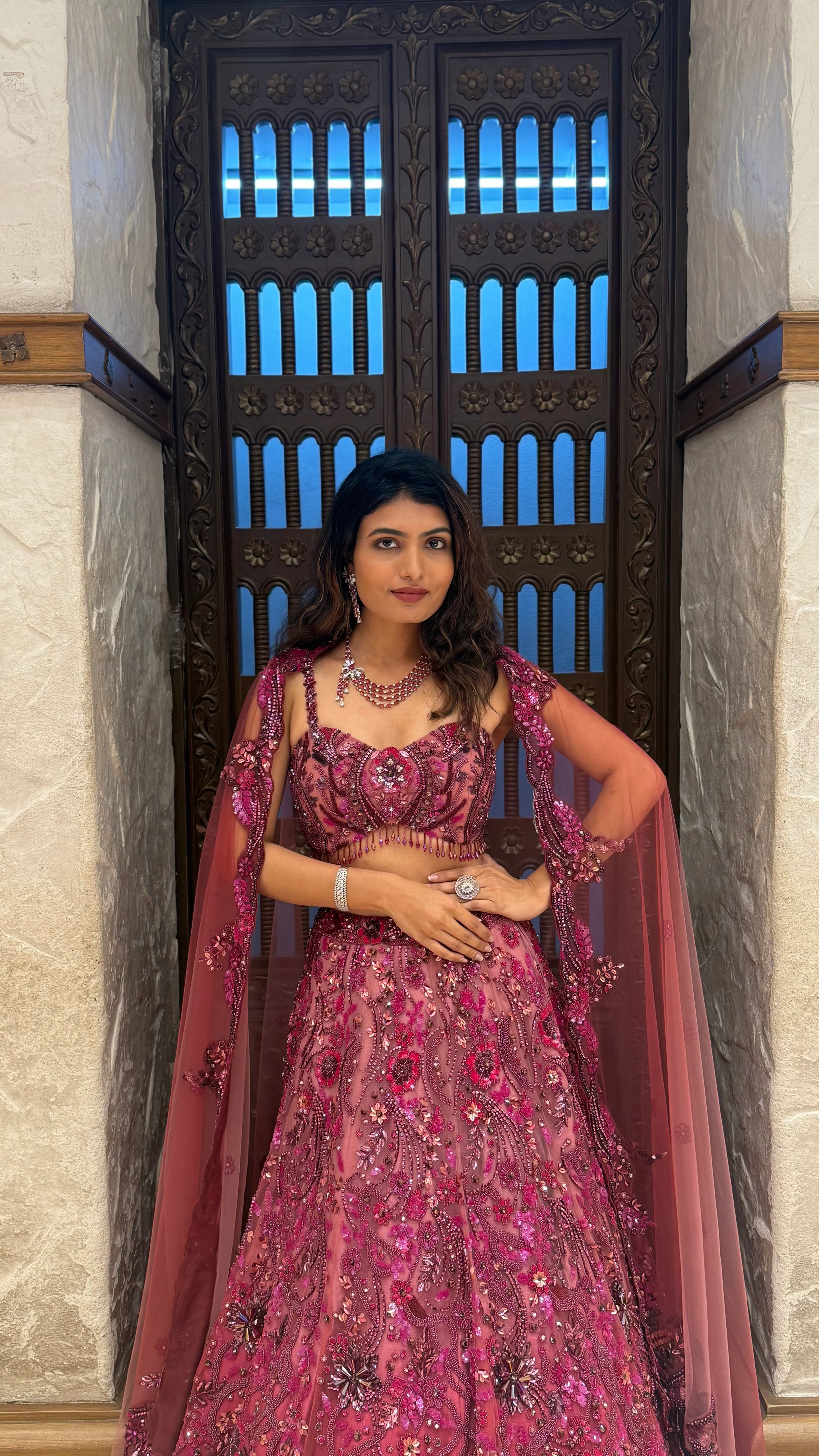 Wine Designer Embroidered Lehenga Set with Cape Dupatta - Image 3