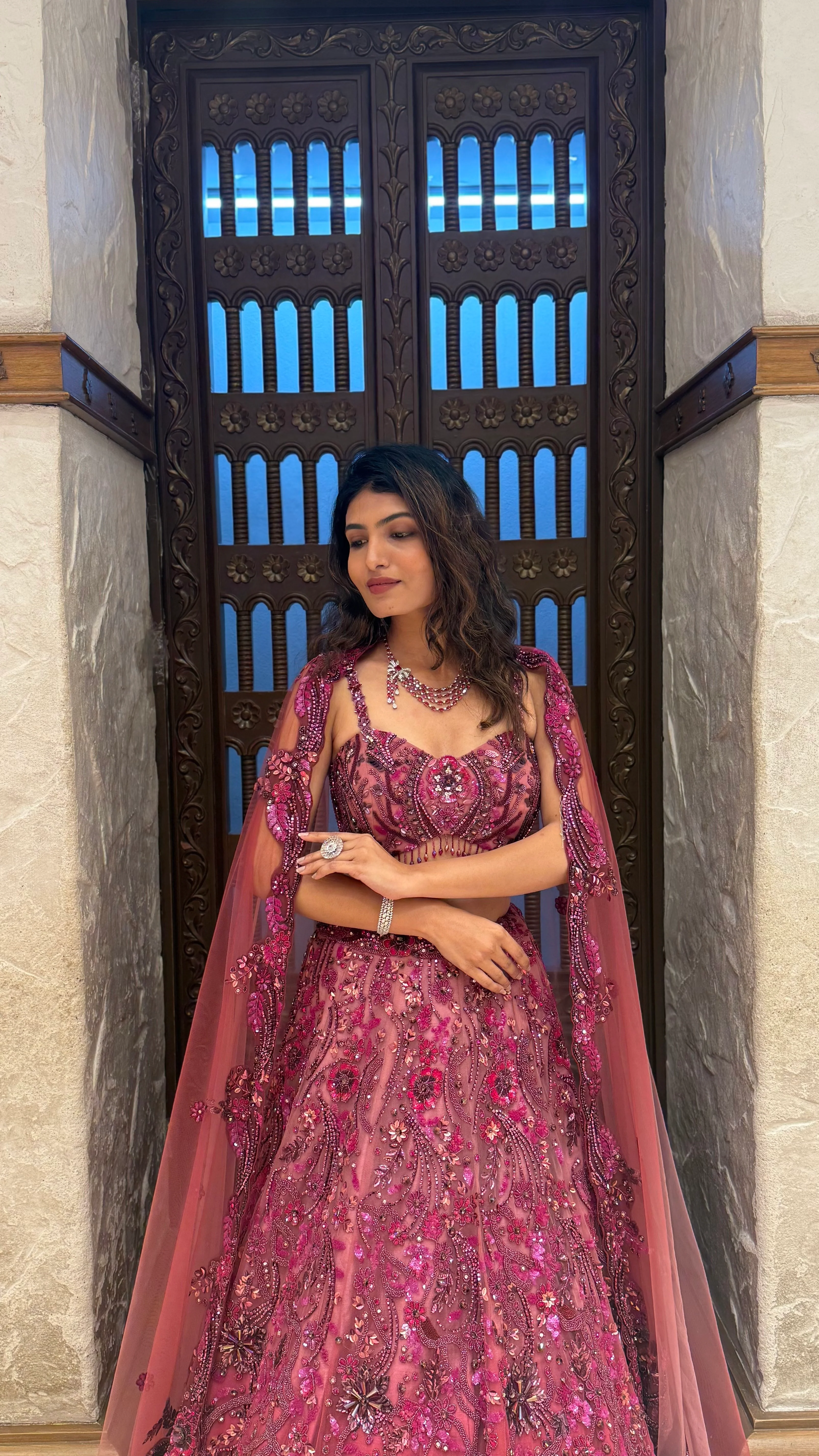Wine Designer Embroidered Lehenga Set with Cape Dupatta - Image 4