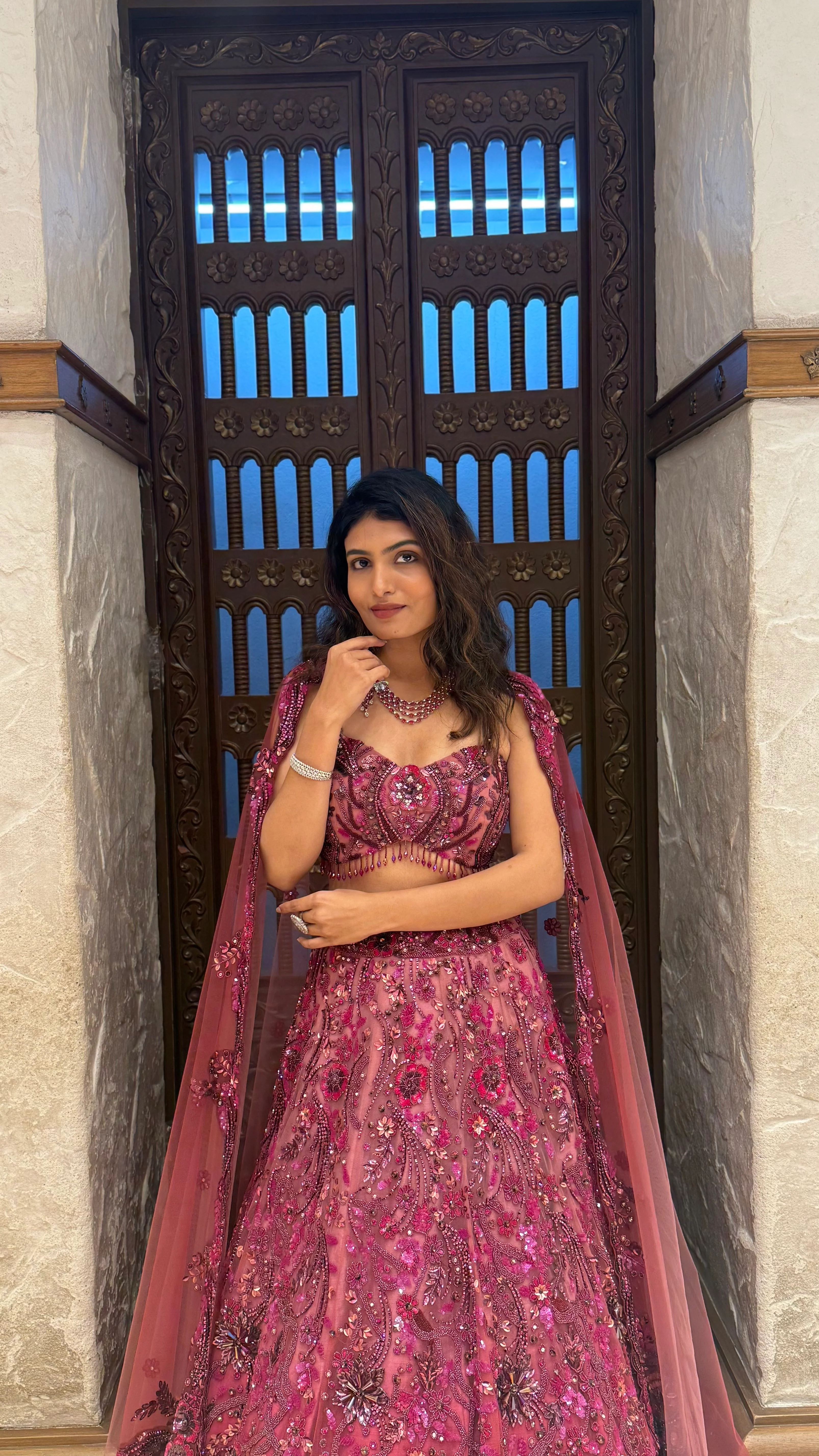 Wine Designer Embroidered Lehenga Set with Cape Dupatta - Image 5