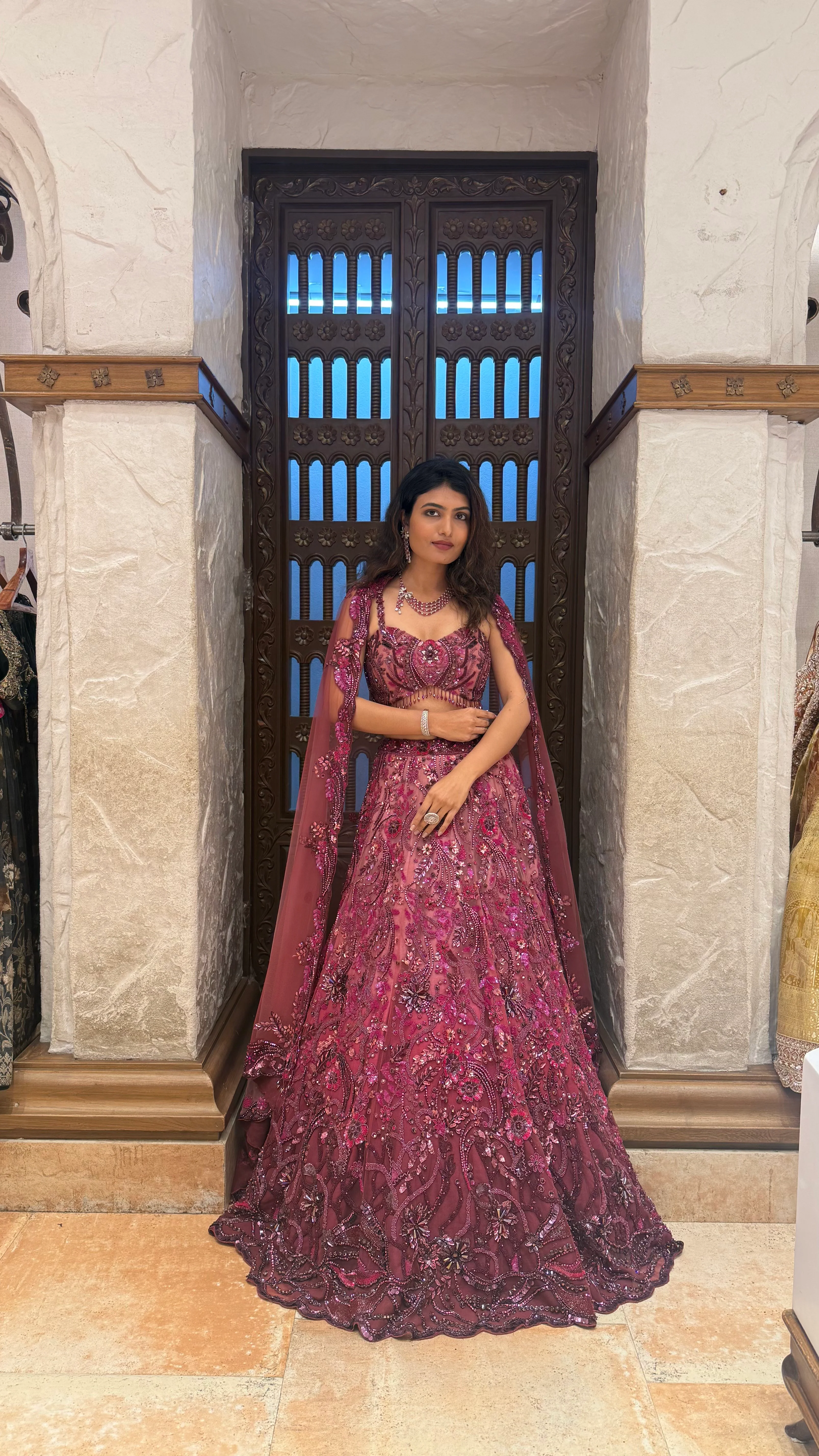 Wine Designer Embroidered Lehenga Set with Cape Dupatta - Image 6