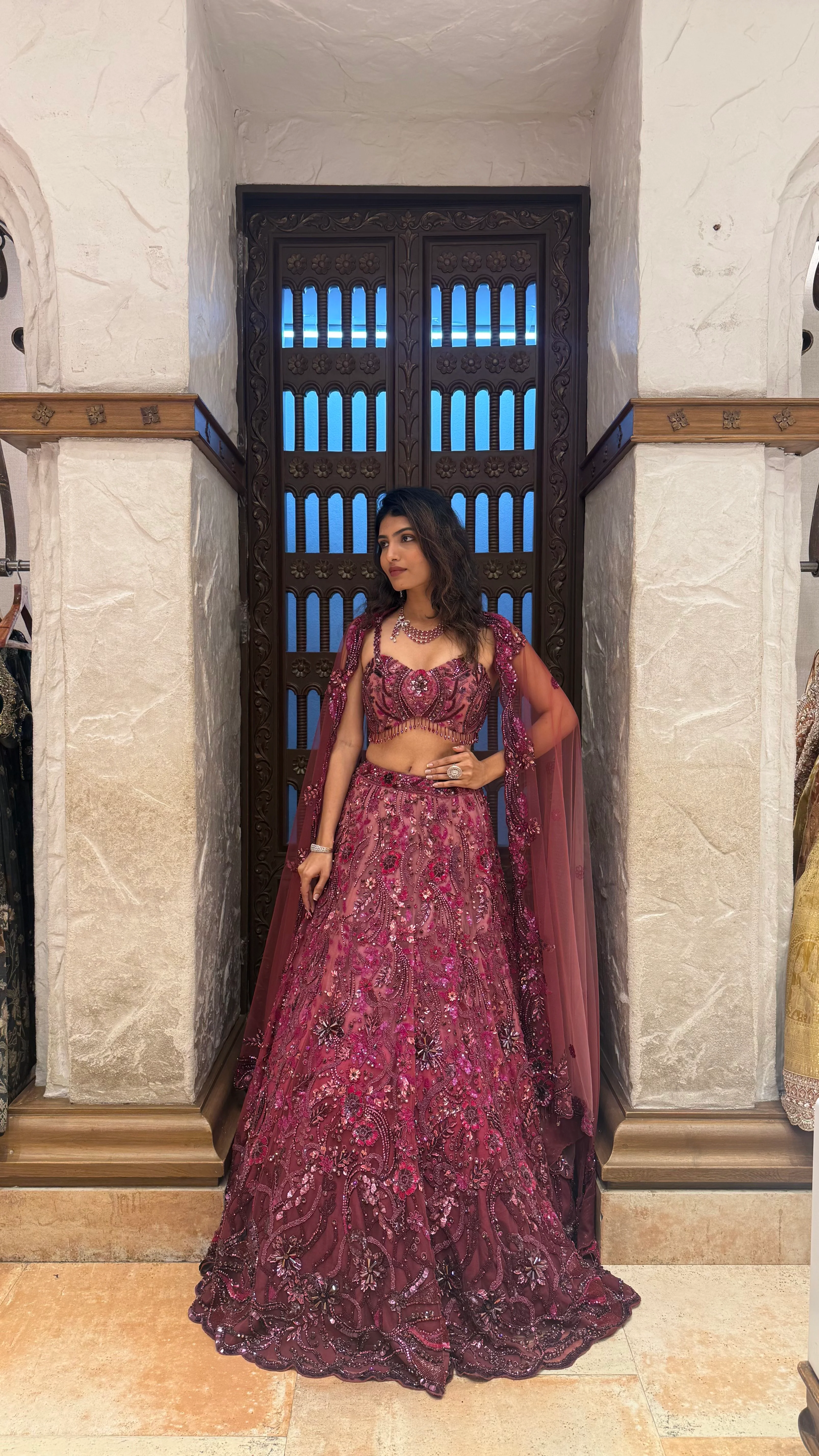 Wine Designer Embroidered Lehenga Set with Cape Dupatta - Image 7