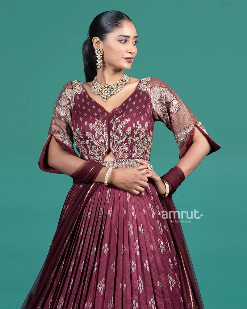 Wine Embroidered Gown with Duptta - Image 2