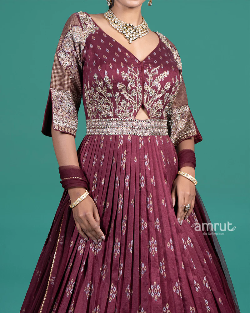 Wine Embroidered Gown with Duptta - Image 3