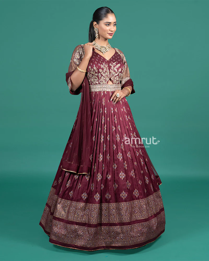 Wine Embroidered Gown with Duptta - Image 4