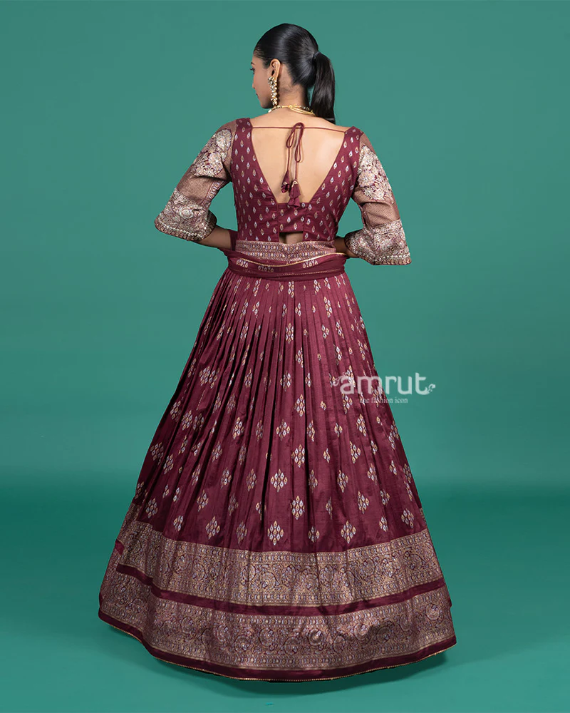 Wine Embroidered Gown with Duptta - Image 5