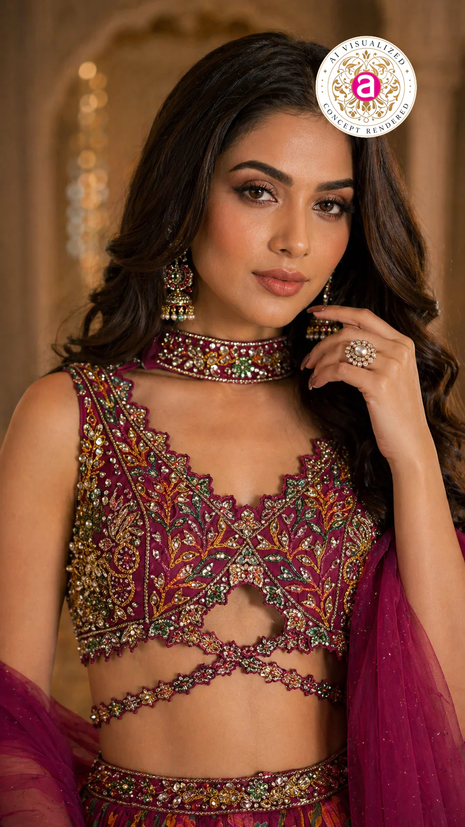 Wine Floral Printed Designer Lehenga Set with Embellished Blouse & Net Dupatta - Image 2