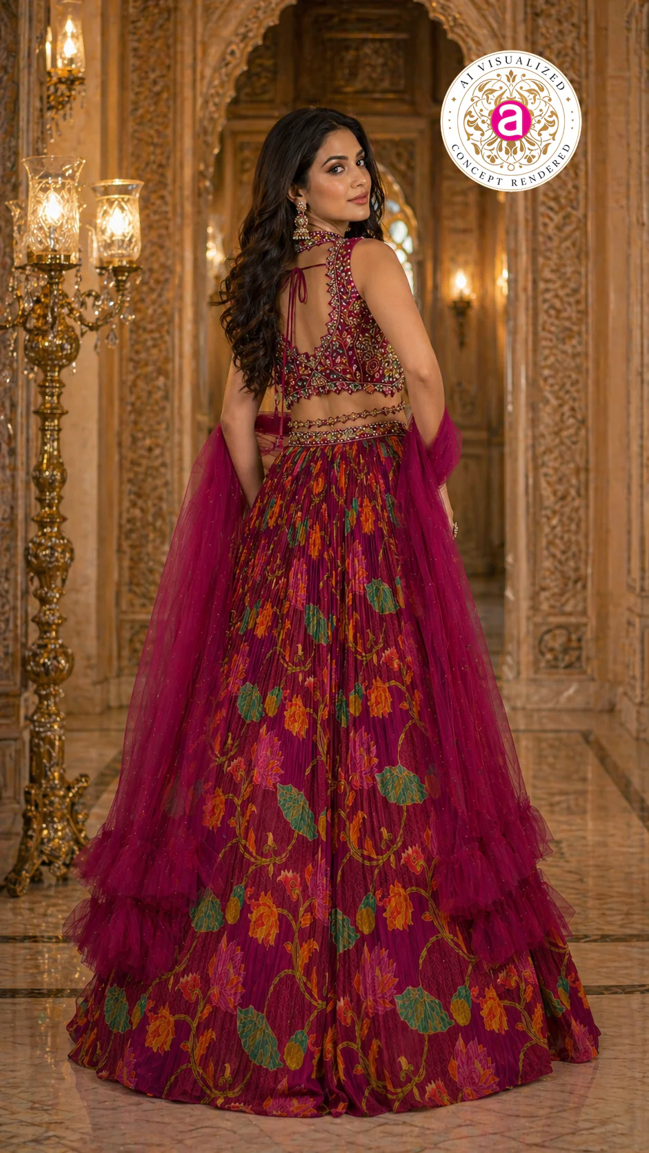 Wine Floral Printed Designer Lehenga Set with Embellished Blouse & Net Dupatta - Image 3
