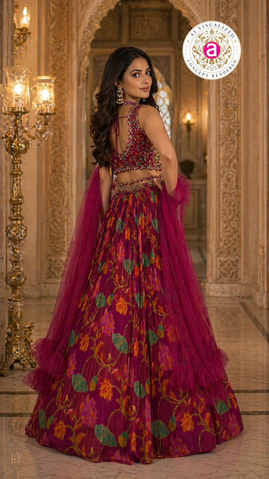 Wine Floral Printed Designer Lehenga Set with Embellished Blouse & Net Dupatta - Image 4