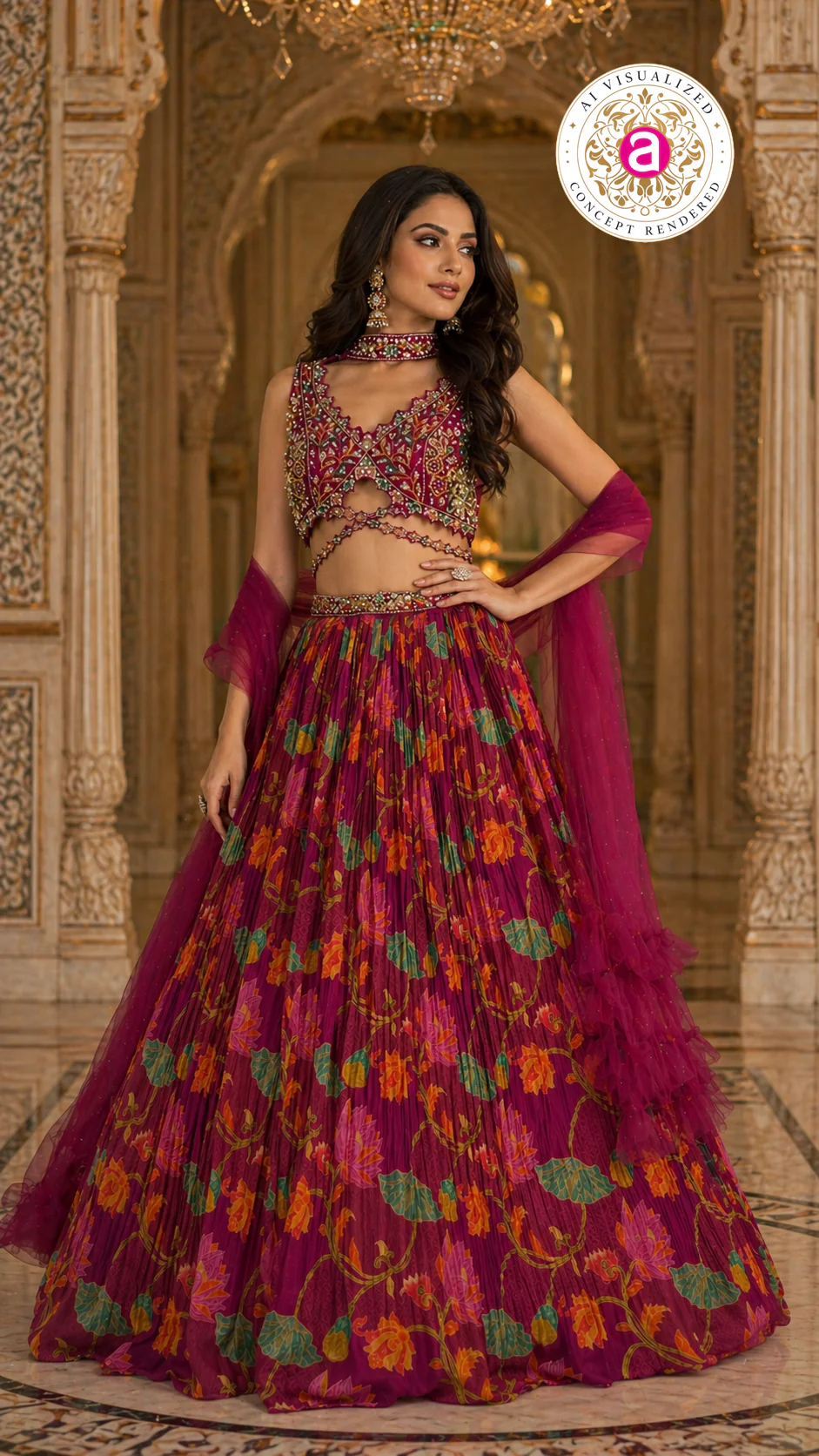 Wine Floral Printed Designer Lehenga Set with Embellished Blouse & Net Dupatta - Image 5