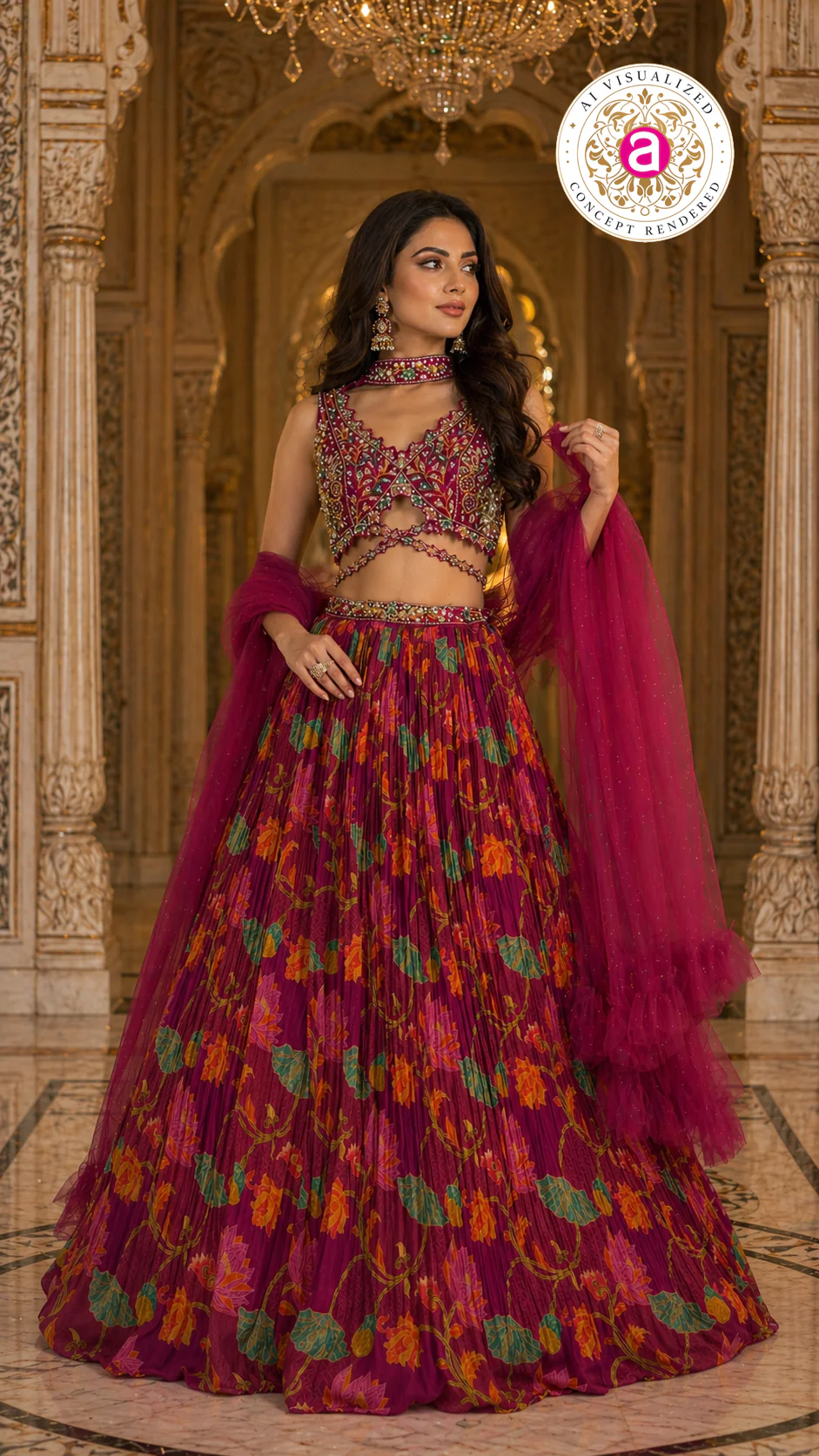 Wine Floral Printed Designer Lehenga Set with Embellished Blouse & Net Dupatta - Image 6