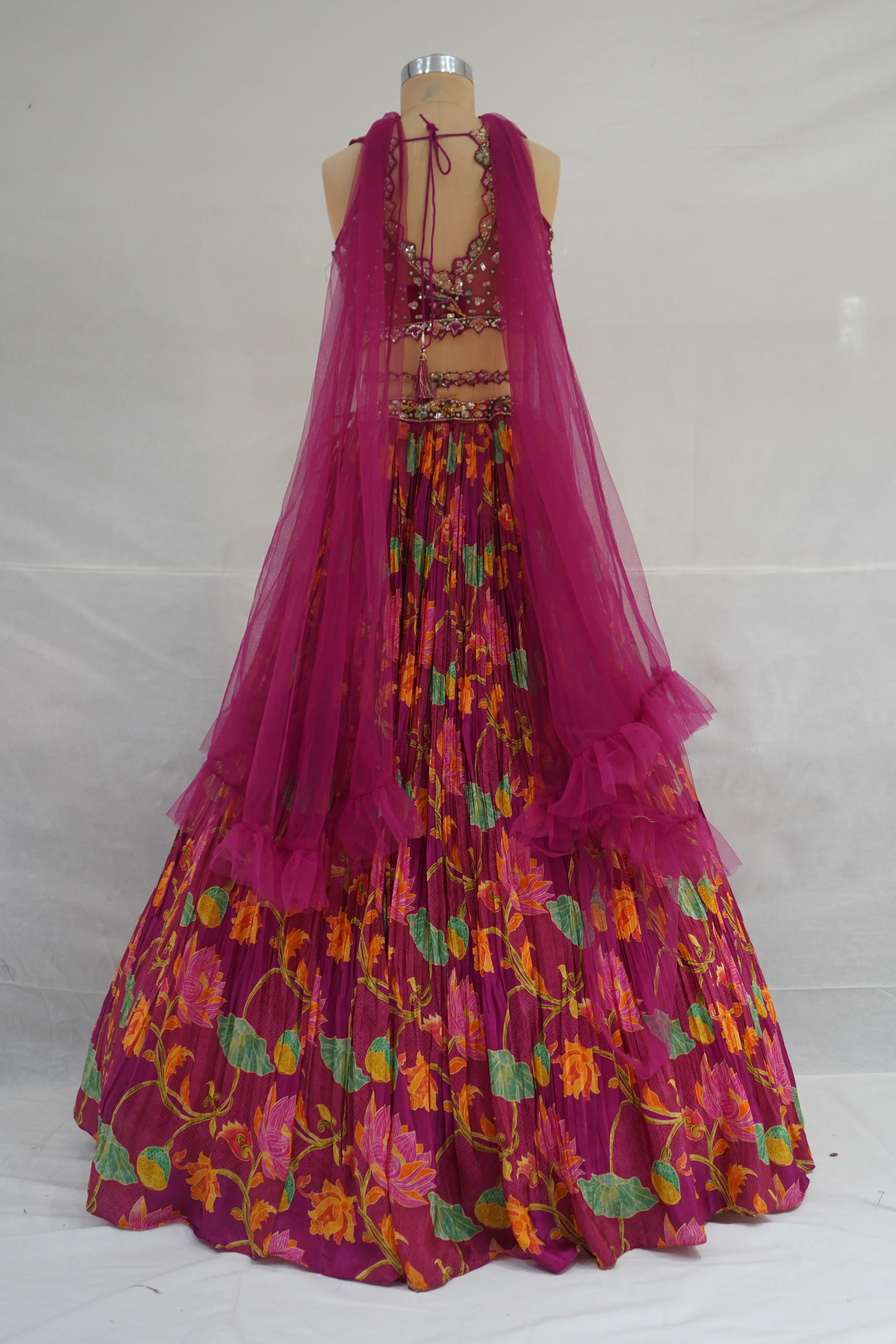 Wine Floral Printed Designer Lehenga Set with Embellished Blouse & Net Dupatta - Image 7