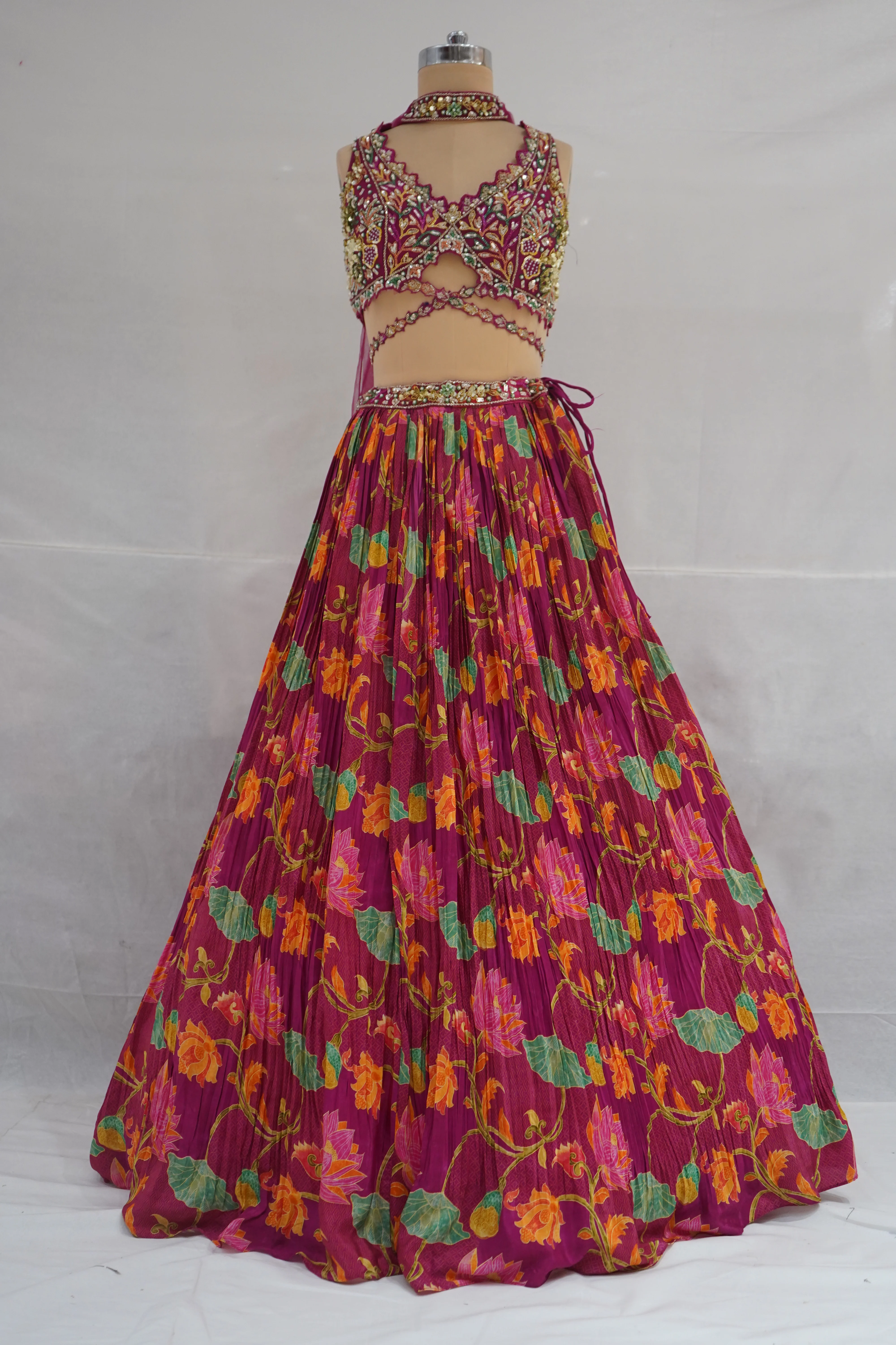 Wine Floral Printed Designer Lehenga Set with Embellished Blouse & Net Dupatta - Image 8