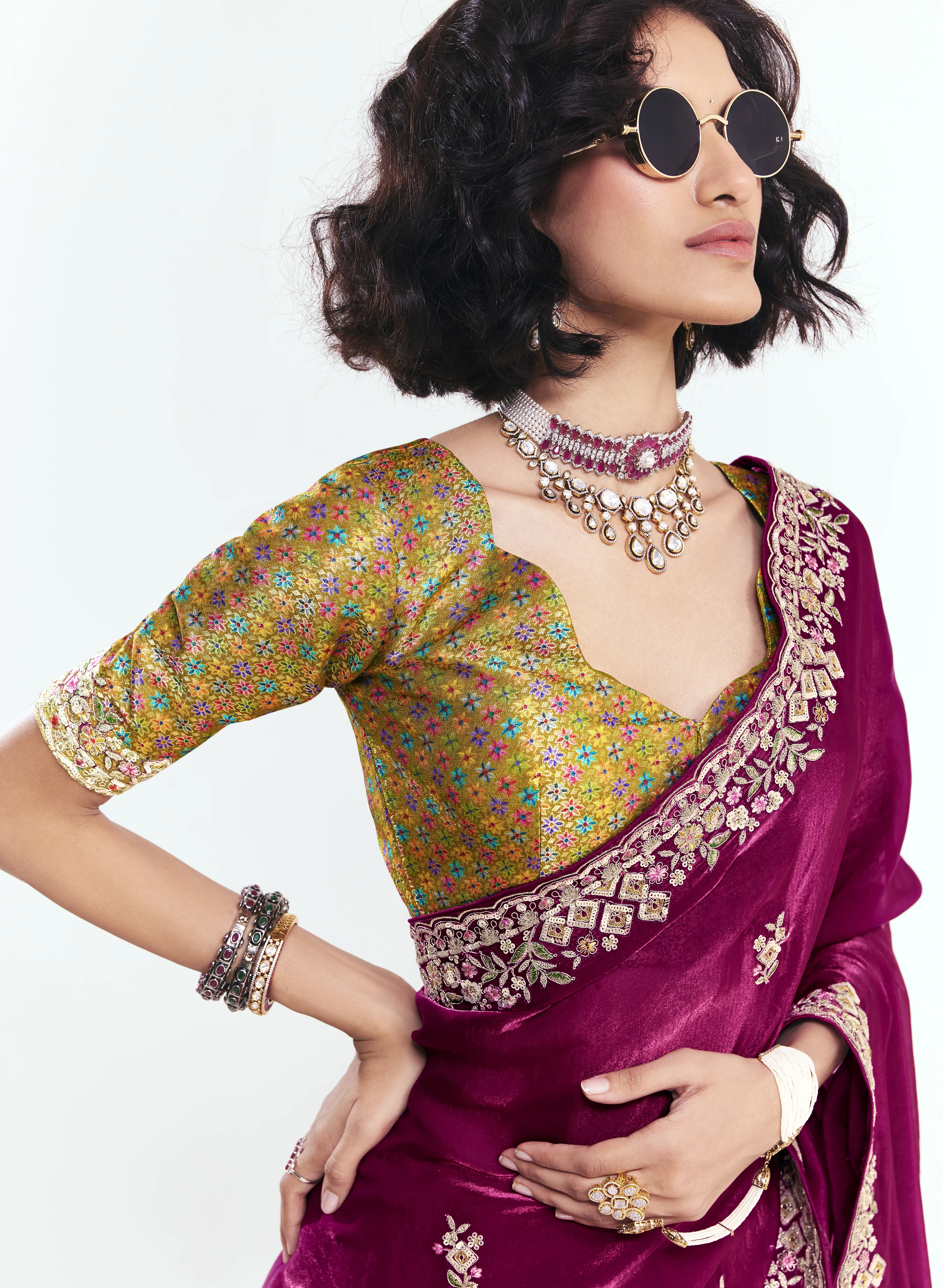 Wine Georgette Saree with Heavy Embroidered Border & Designer Blouse - Image 2