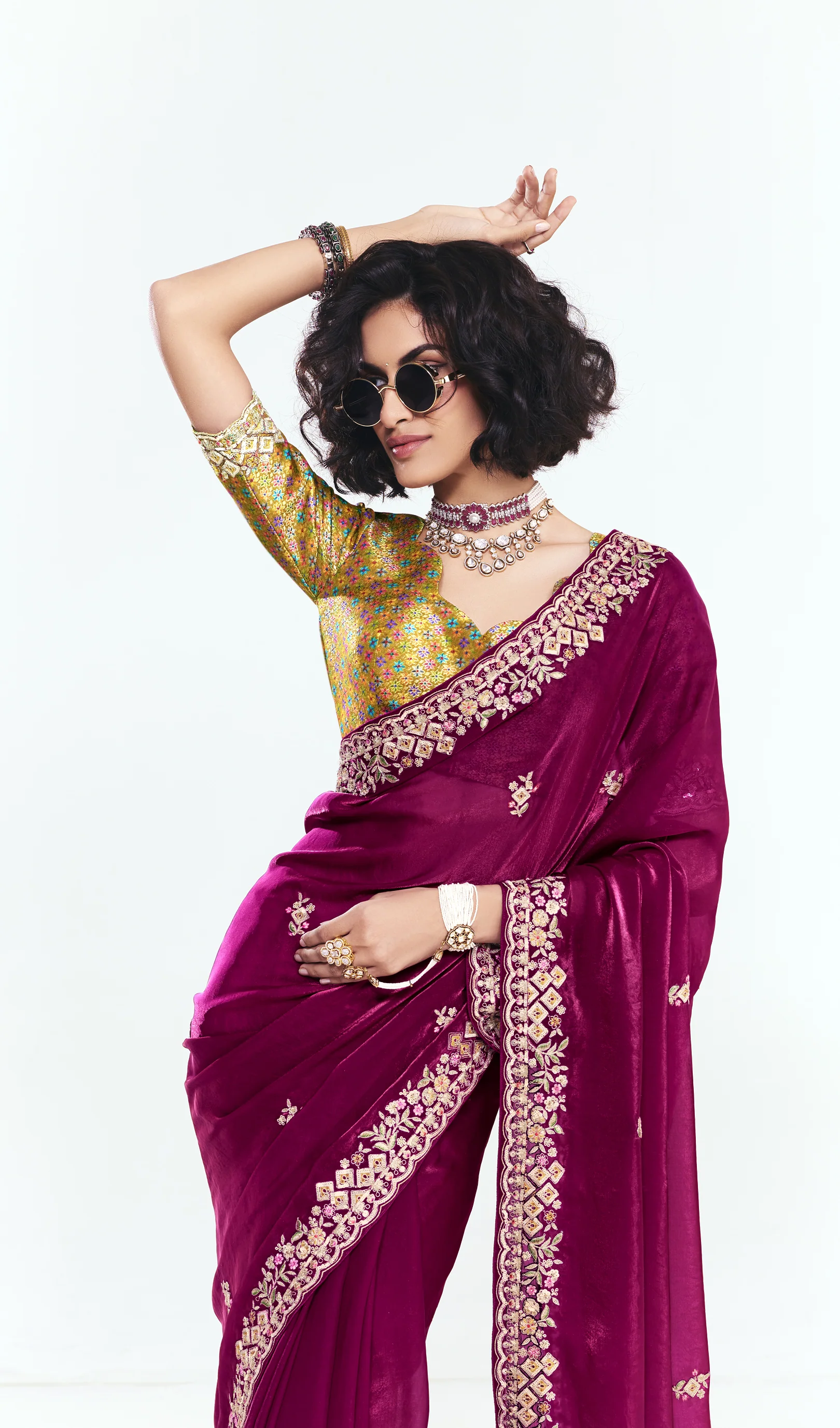 Wine Georgette Saree with Heavy Embroidered Border & Designer Blouse - Image 3