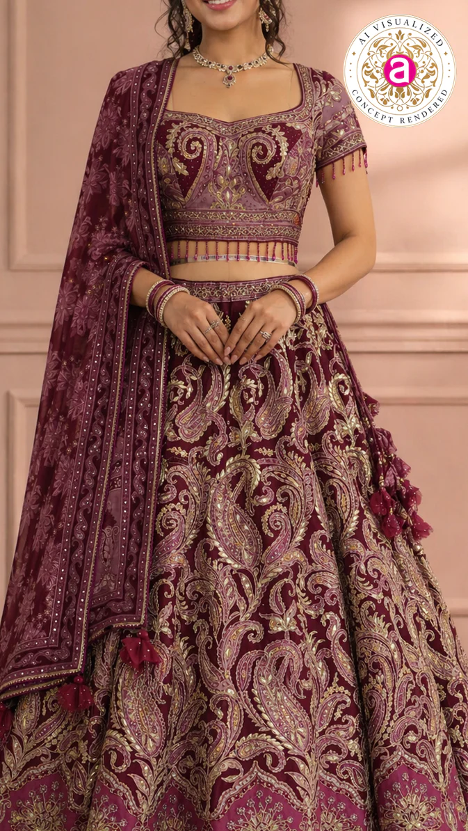 Wine Maroon Designer Lehenga Set with Embroidered Blouse and Dupatta - Image 2