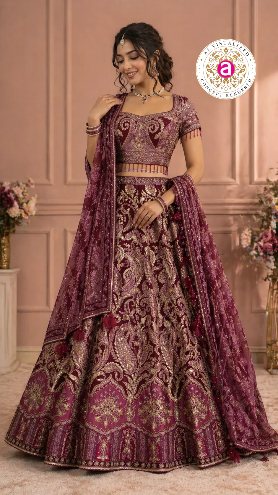 Wine Maroon Designer Lehenga Set with Embroidered Blouse and Dupatta - Image 3