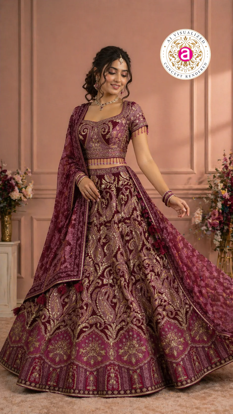 Wine Maroon Designer Lehenga Set with Embroidered Blouse and Dupatta - Image 4