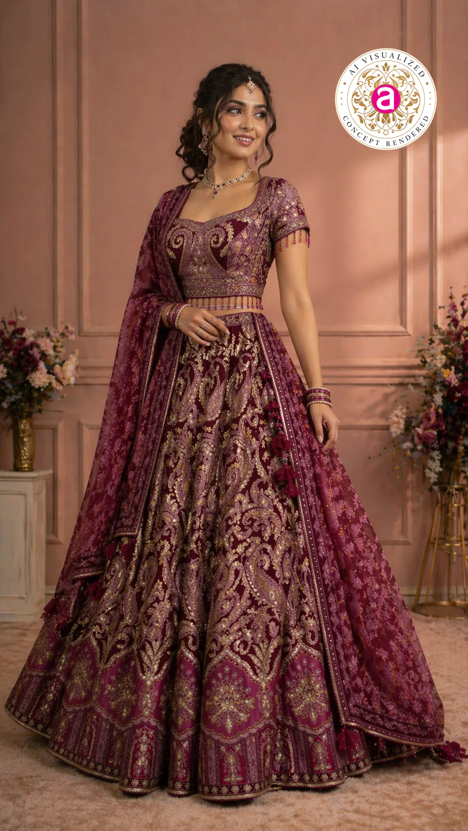 Wine Maroon Designer Lehenga Set with Embroidered Blouse and Dupatta - Image 5