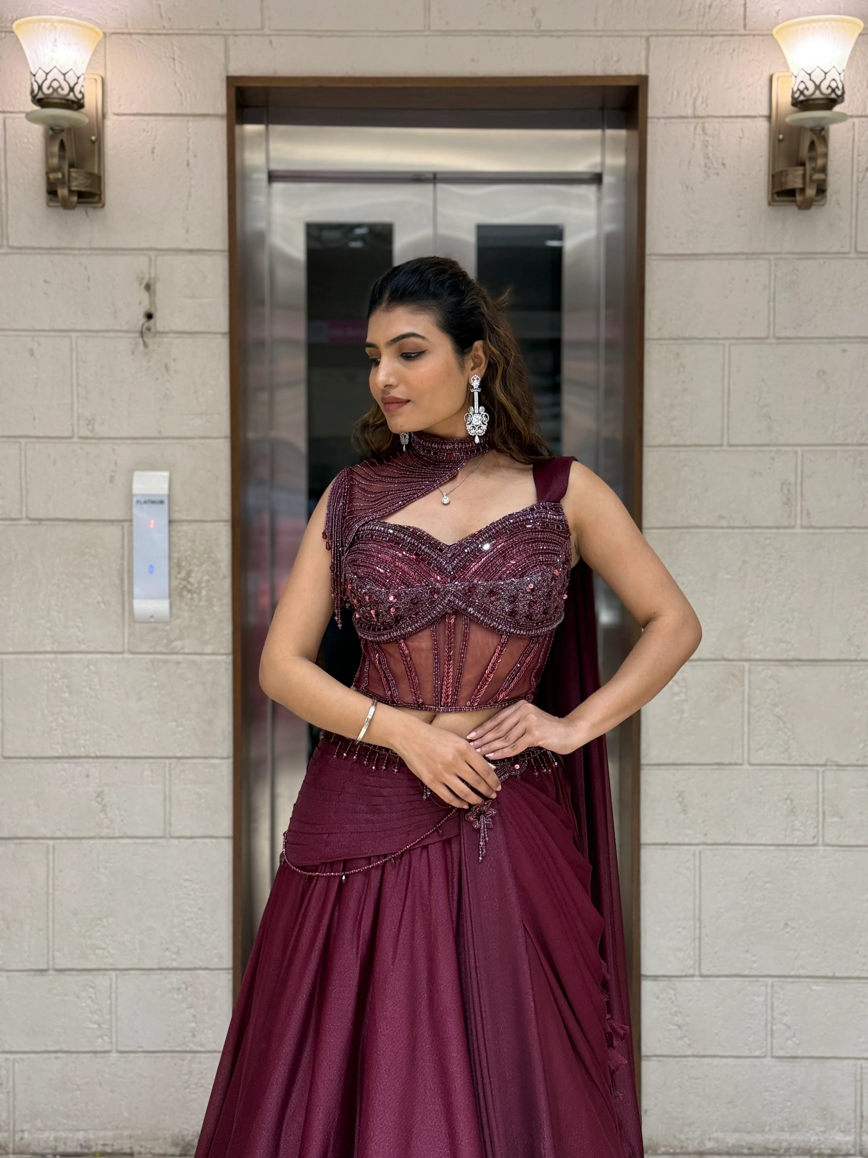 Wine Maroon Indo-Western Lehenga Set with Beaded Corset Blouse & Drape Dupatta - Image 3