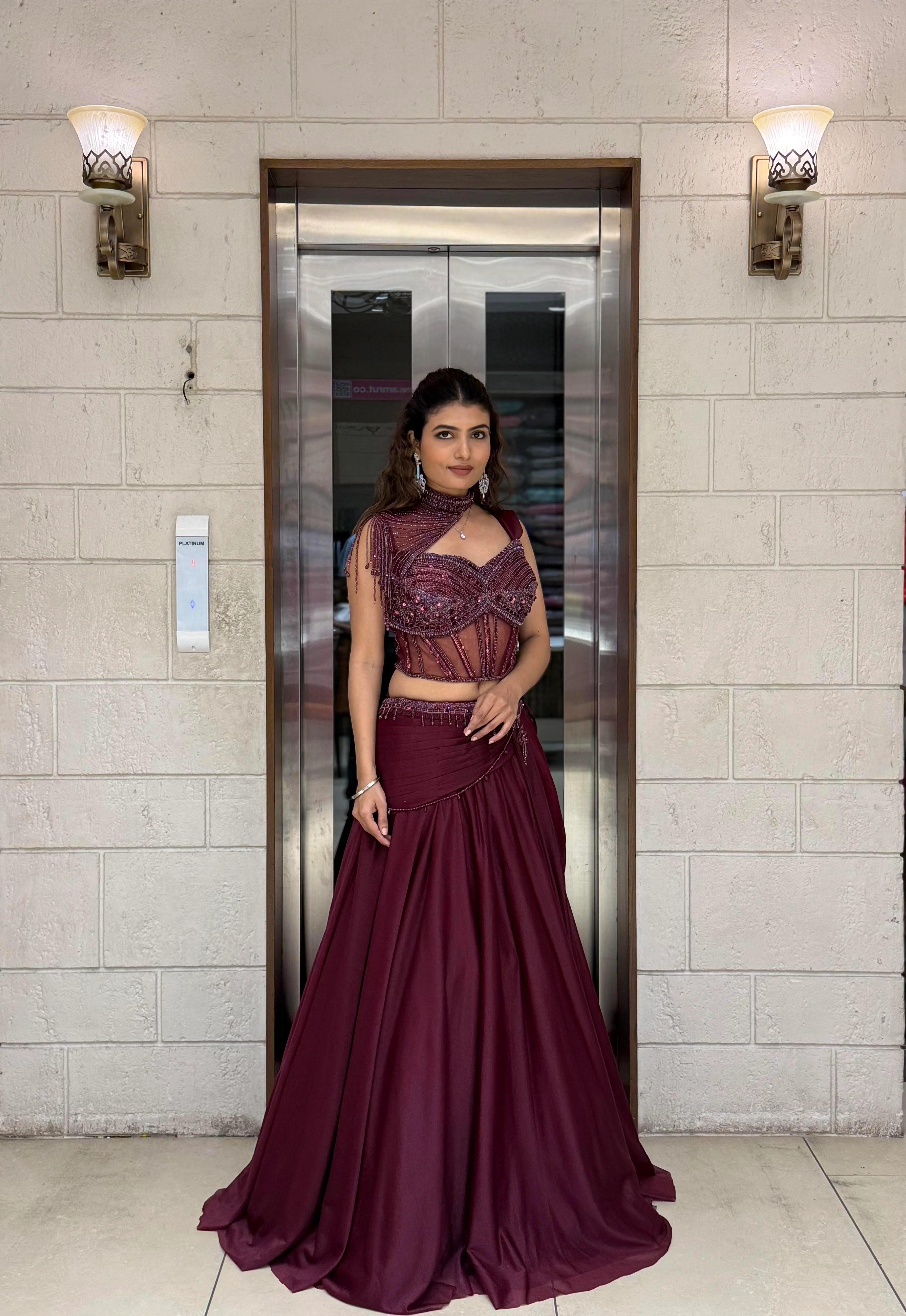 Wine Maroon Indo-Western Lehenga Set with Beaded Corset Blouse & Drape Dupatta - Image 4