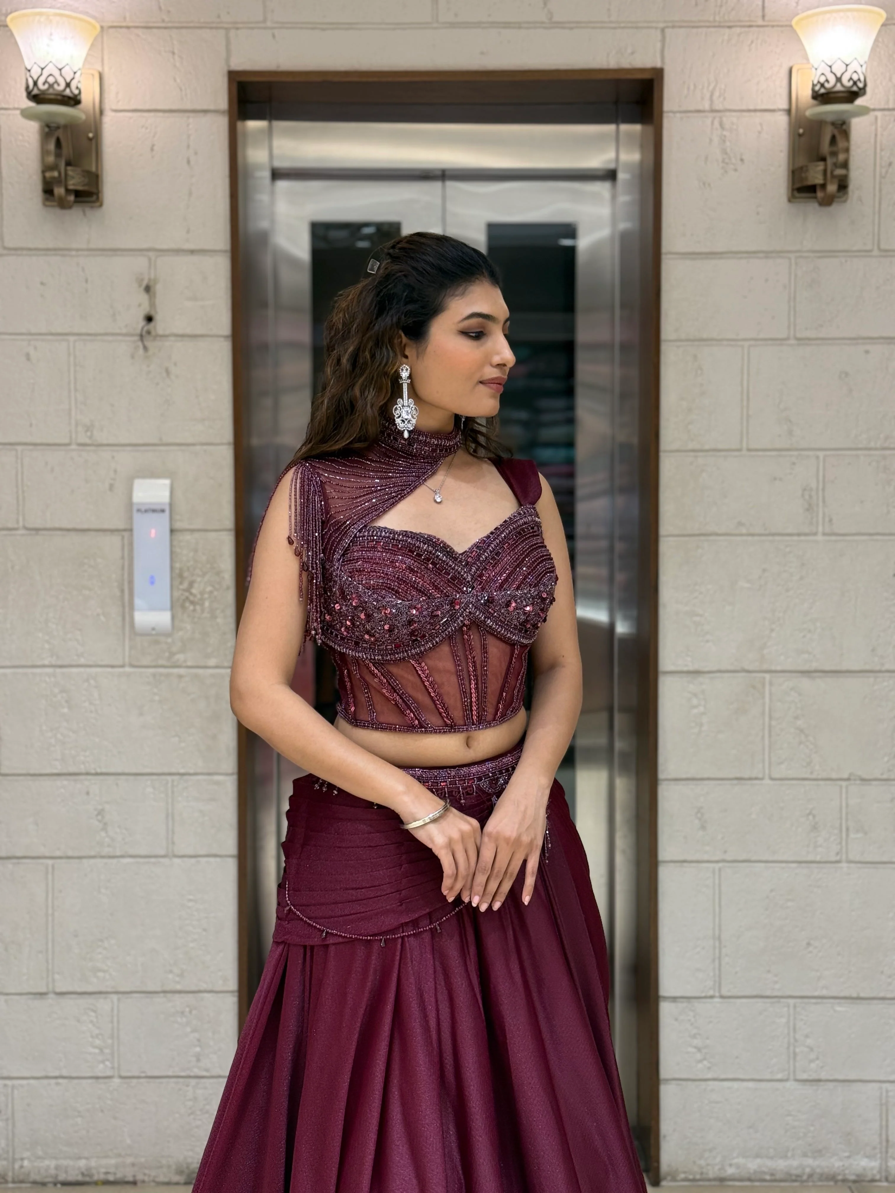 Wine Maroon Indo-Western Lehenga Set with Beaded Corset Blouse & Drape Dupatta - Image 5