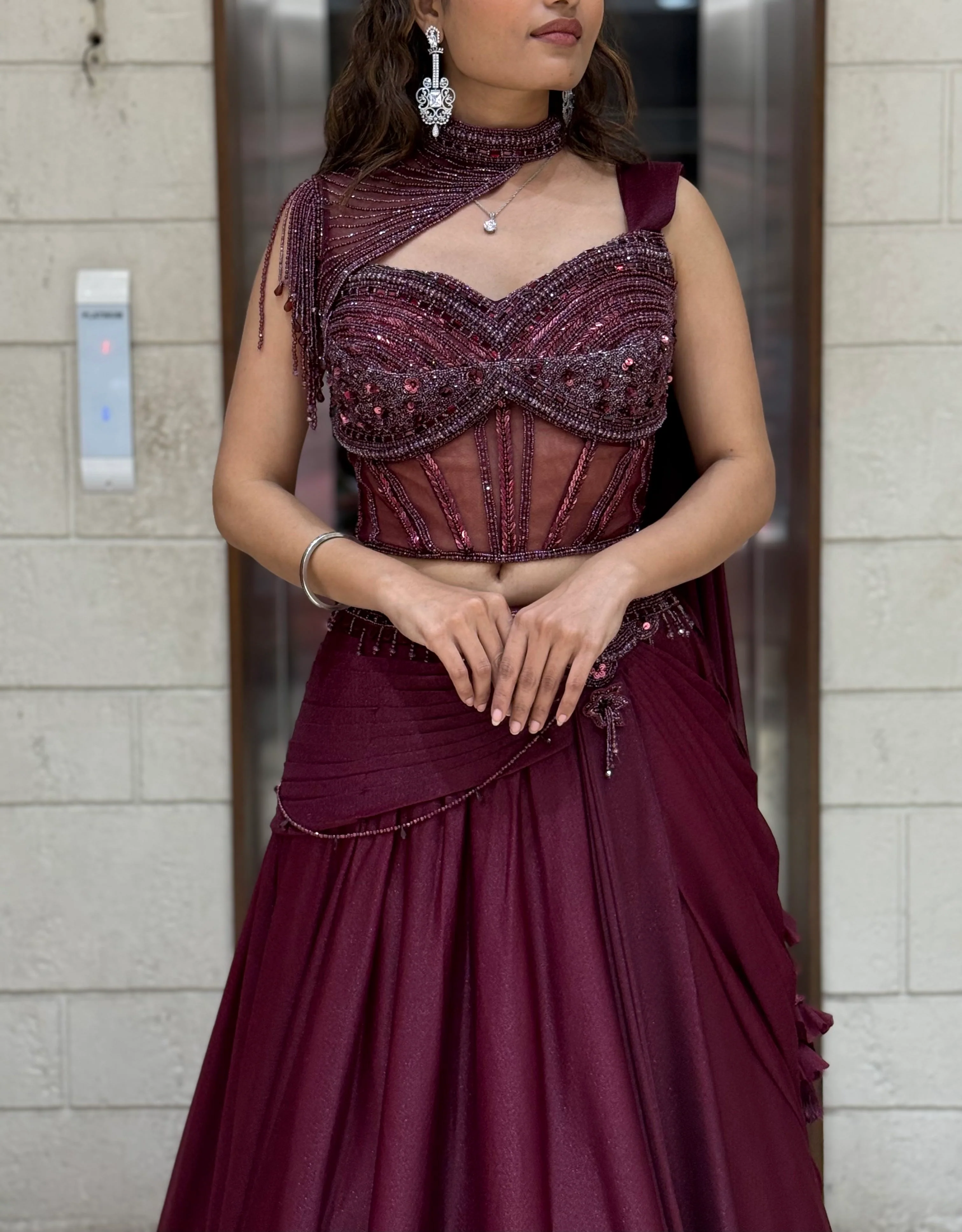 Wine Maroon Indo-Western Lehenga Set with Beaded Corset Blouse & Drape Dupatta - Image 6