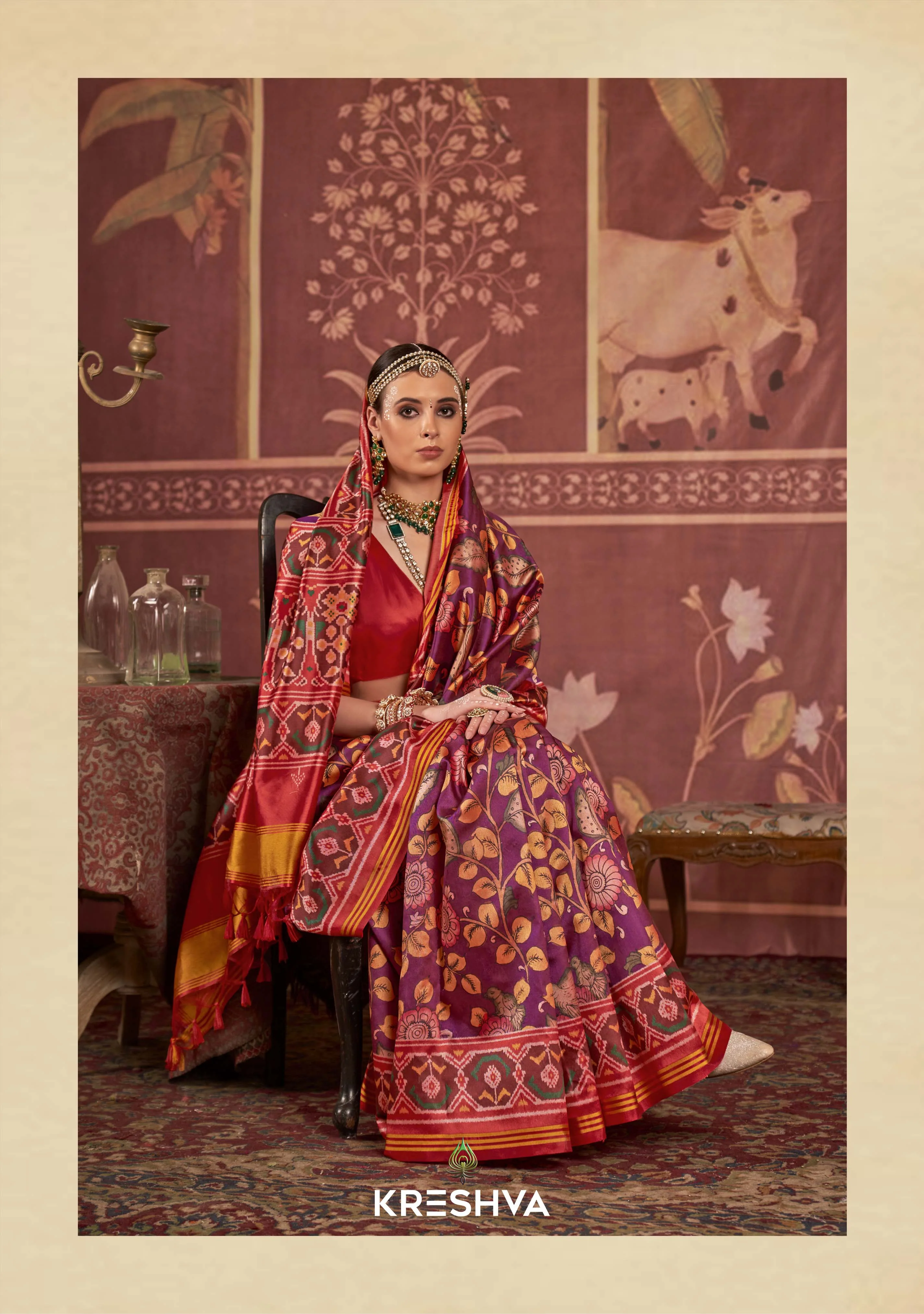 Wine & Maroon Patan Patola Silk Saree with Multicolour Floral & Ikat Weave P79 - Image 2