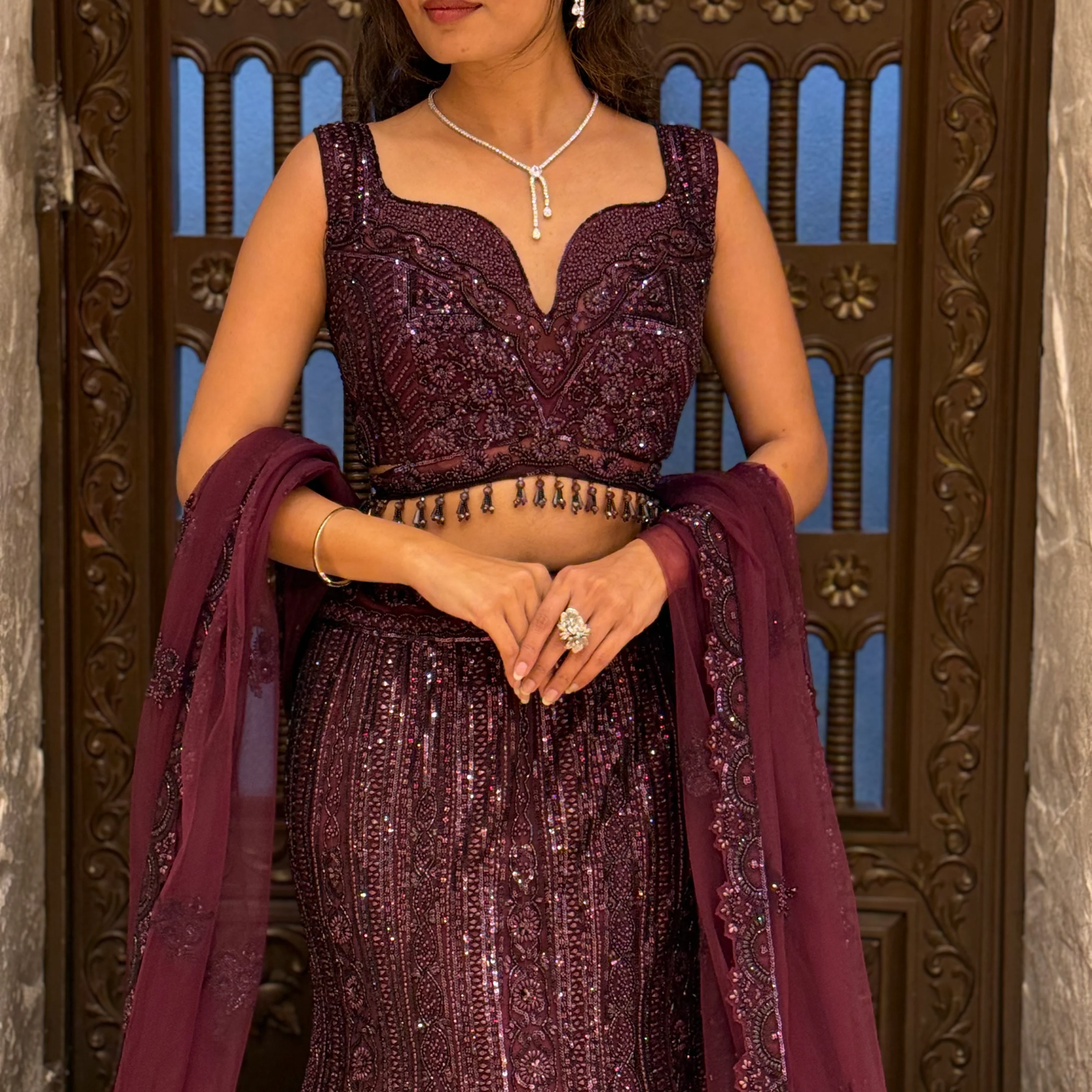 Wine Plum Embroidered Lehenga Set with Dupatta - Image 2