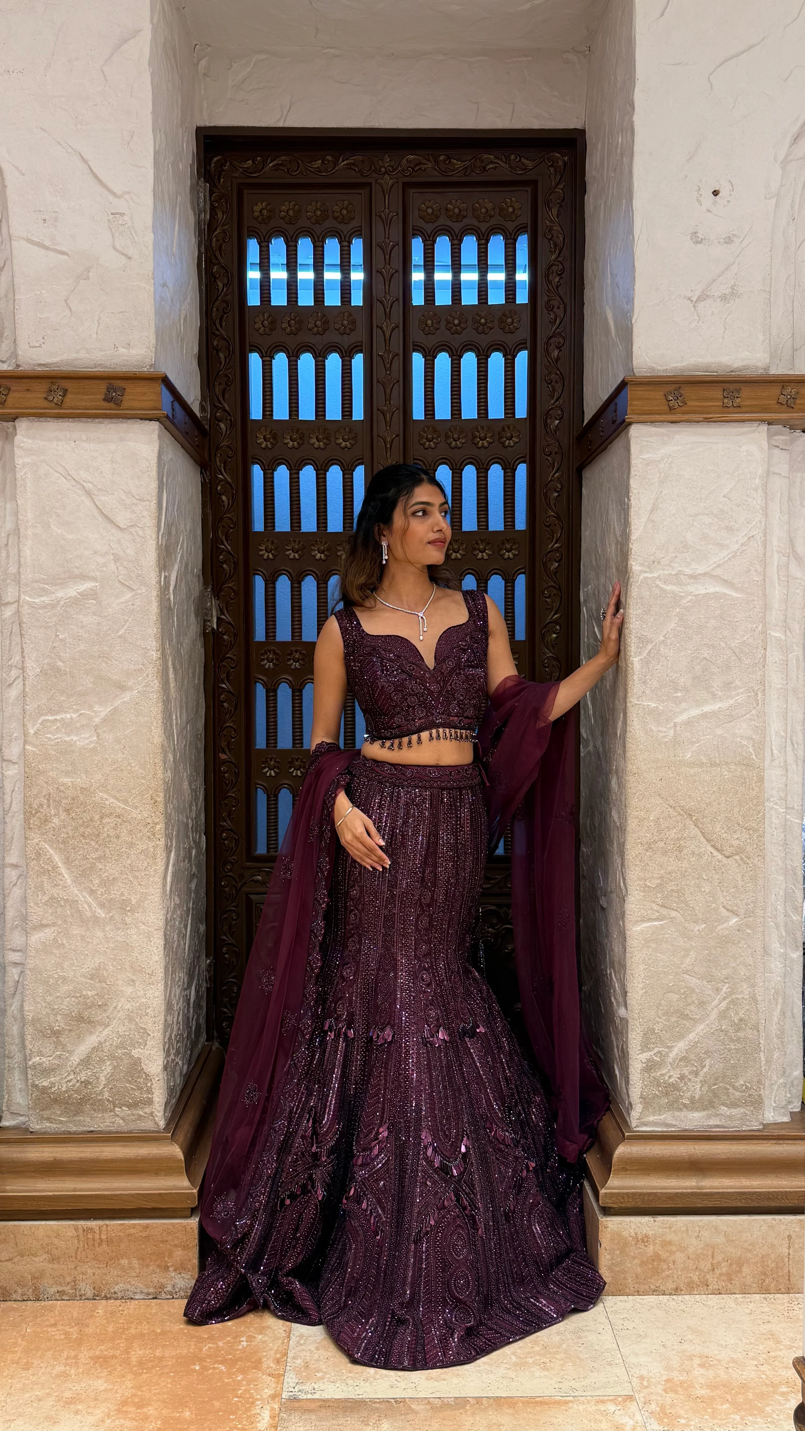 Wine Plum Embroidered Lehenga Set with Dupatta - Image 3