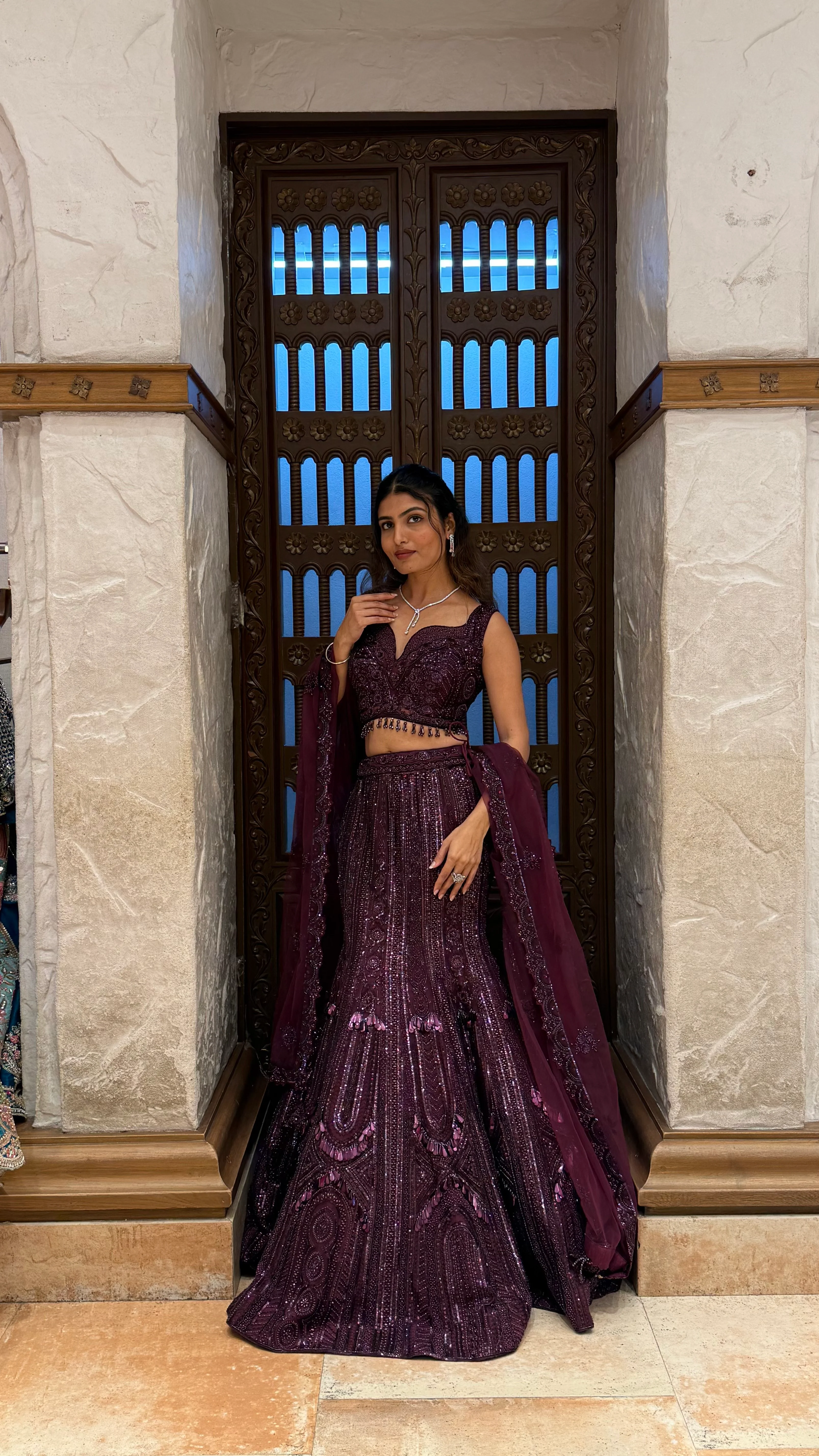 Wine Plum Embroidered Lehenga Set with Dupatta - Image 4