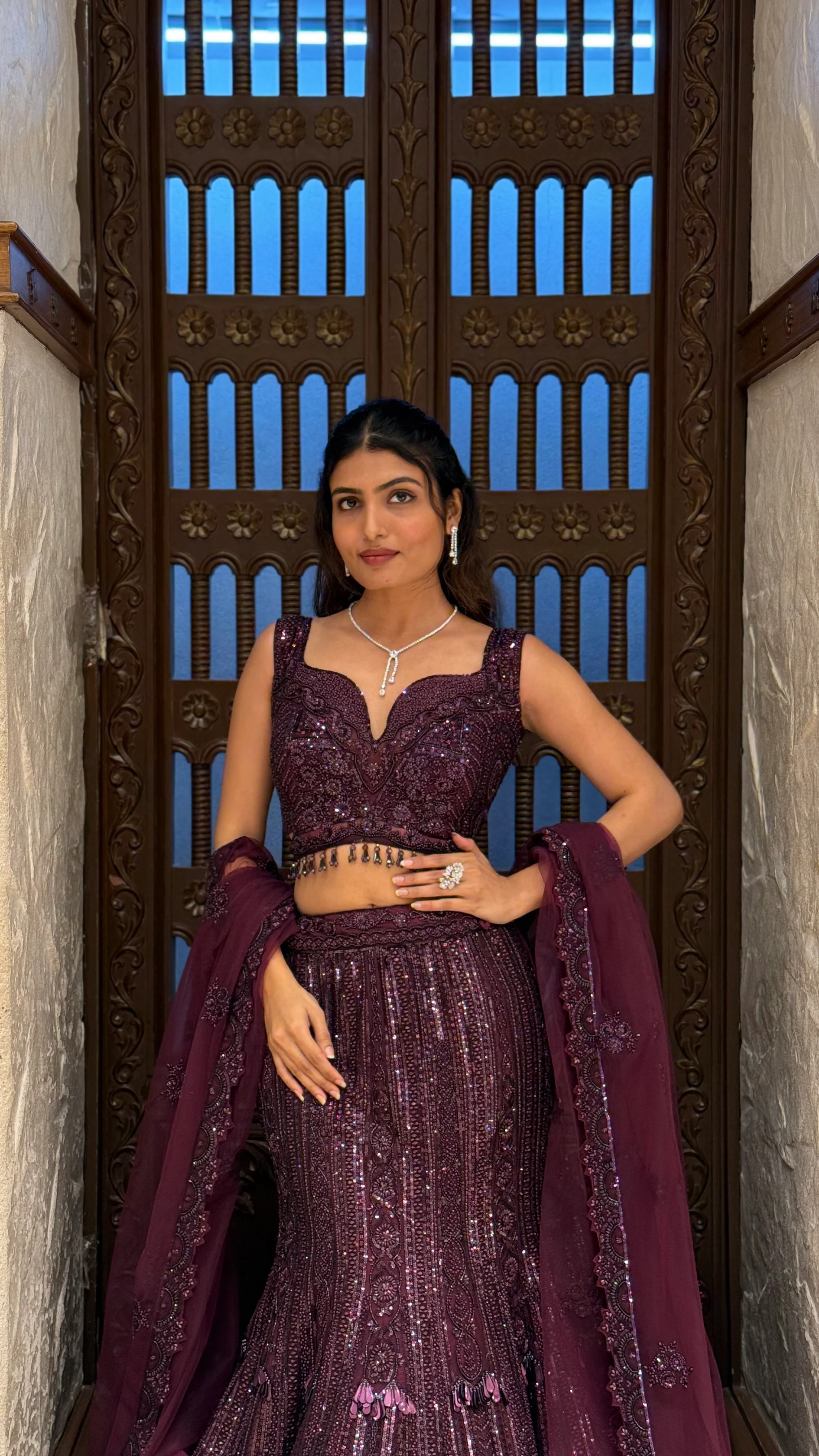 Wine Plum Embroidered Lehenga Set with Dupatta - Image 5