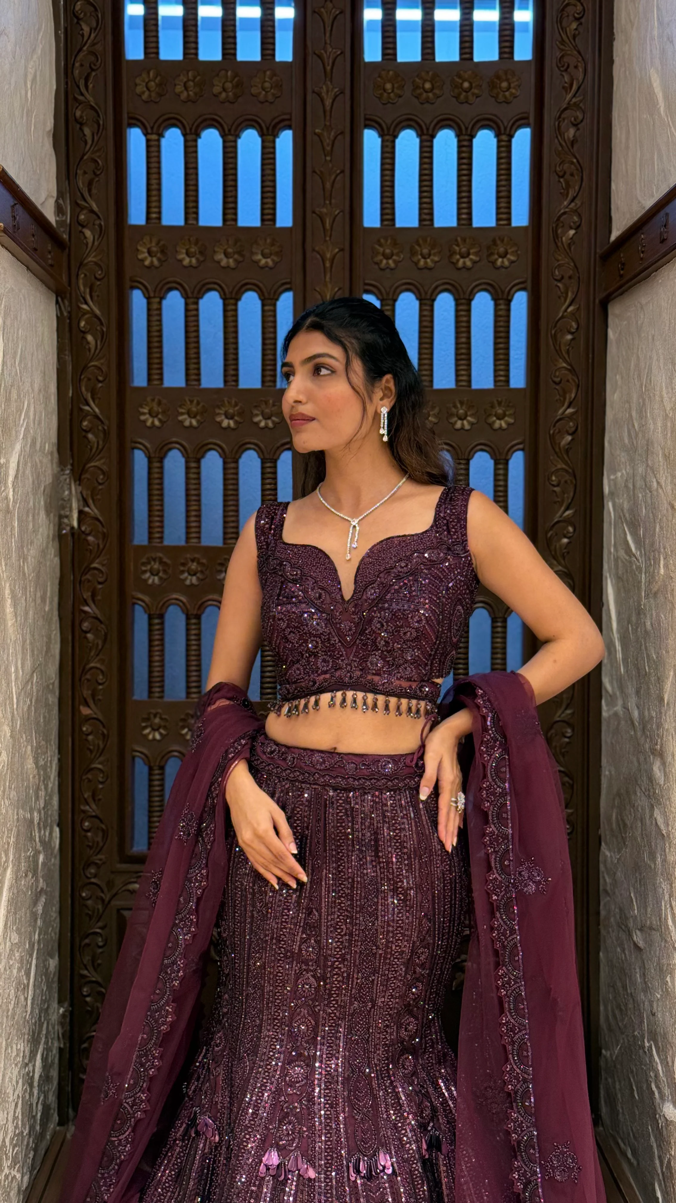 Wine Plum Embroidered Lehenga Set with Dupatta - Image 6
