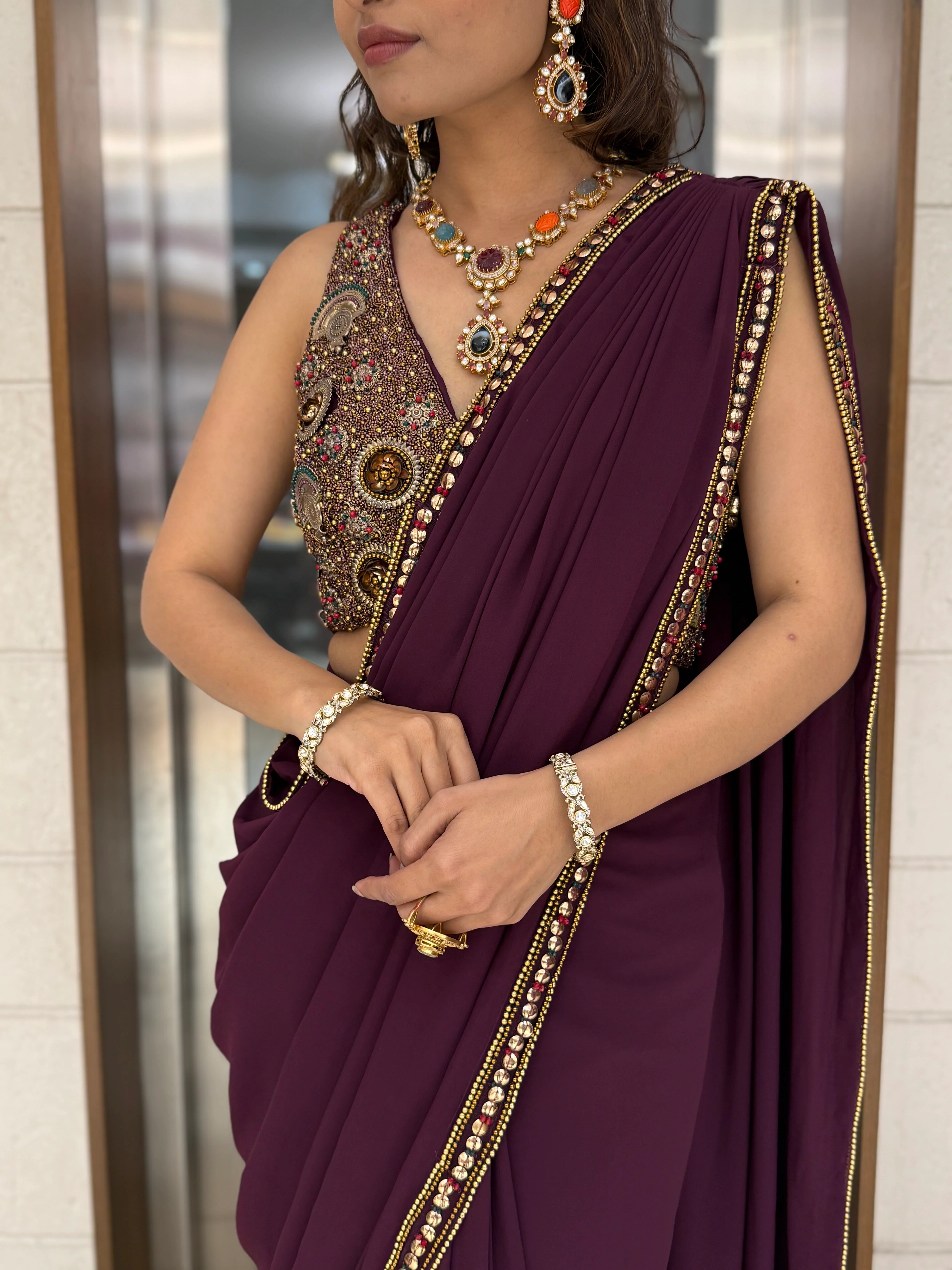 Wine Plum Pre-Draped Saree with Hand-Embellished Statement Blouse - Image 2