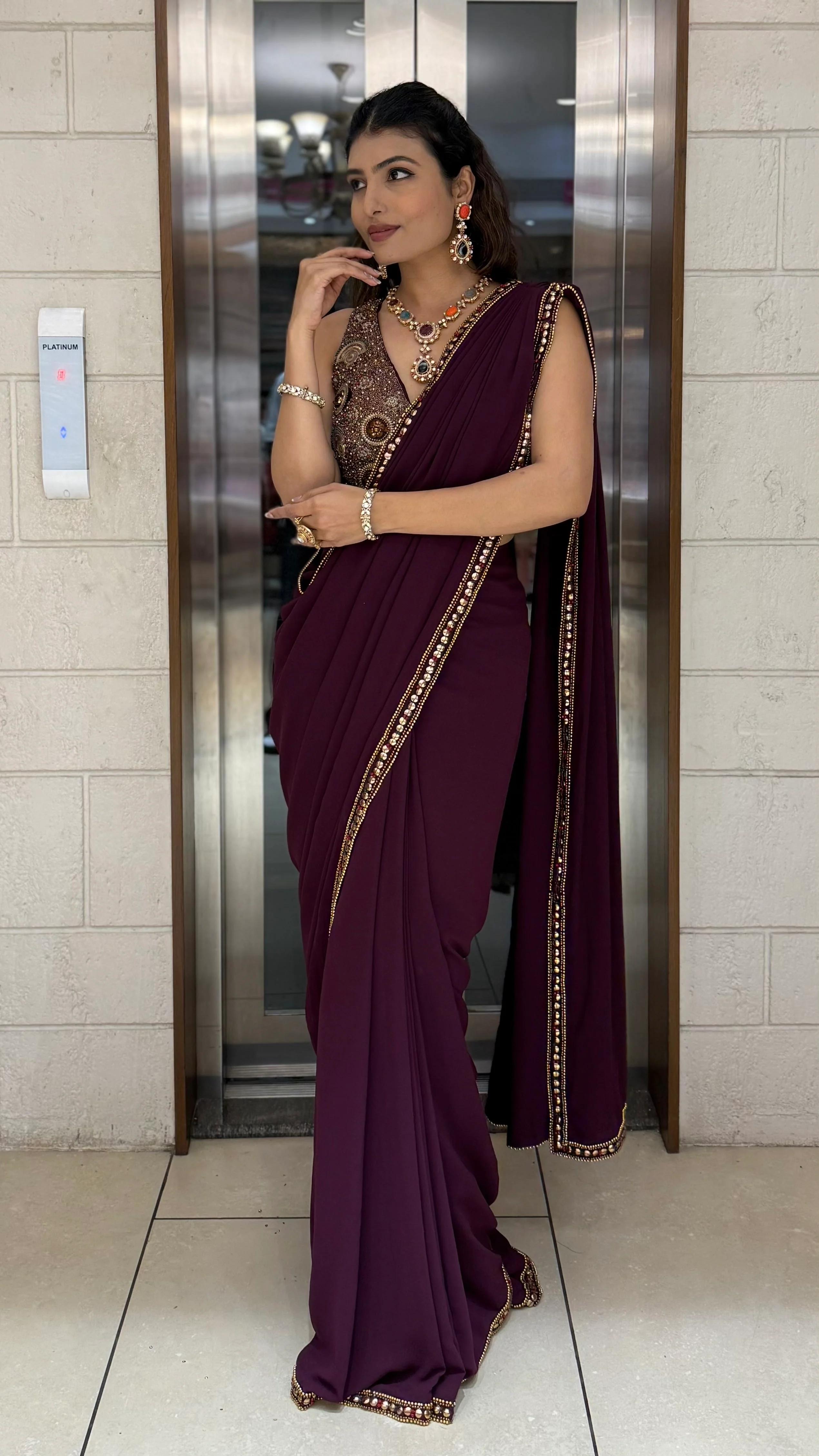 Wine Plum Pre-Draped Saree with Hand-Embellished Statement Blouse - Image 3