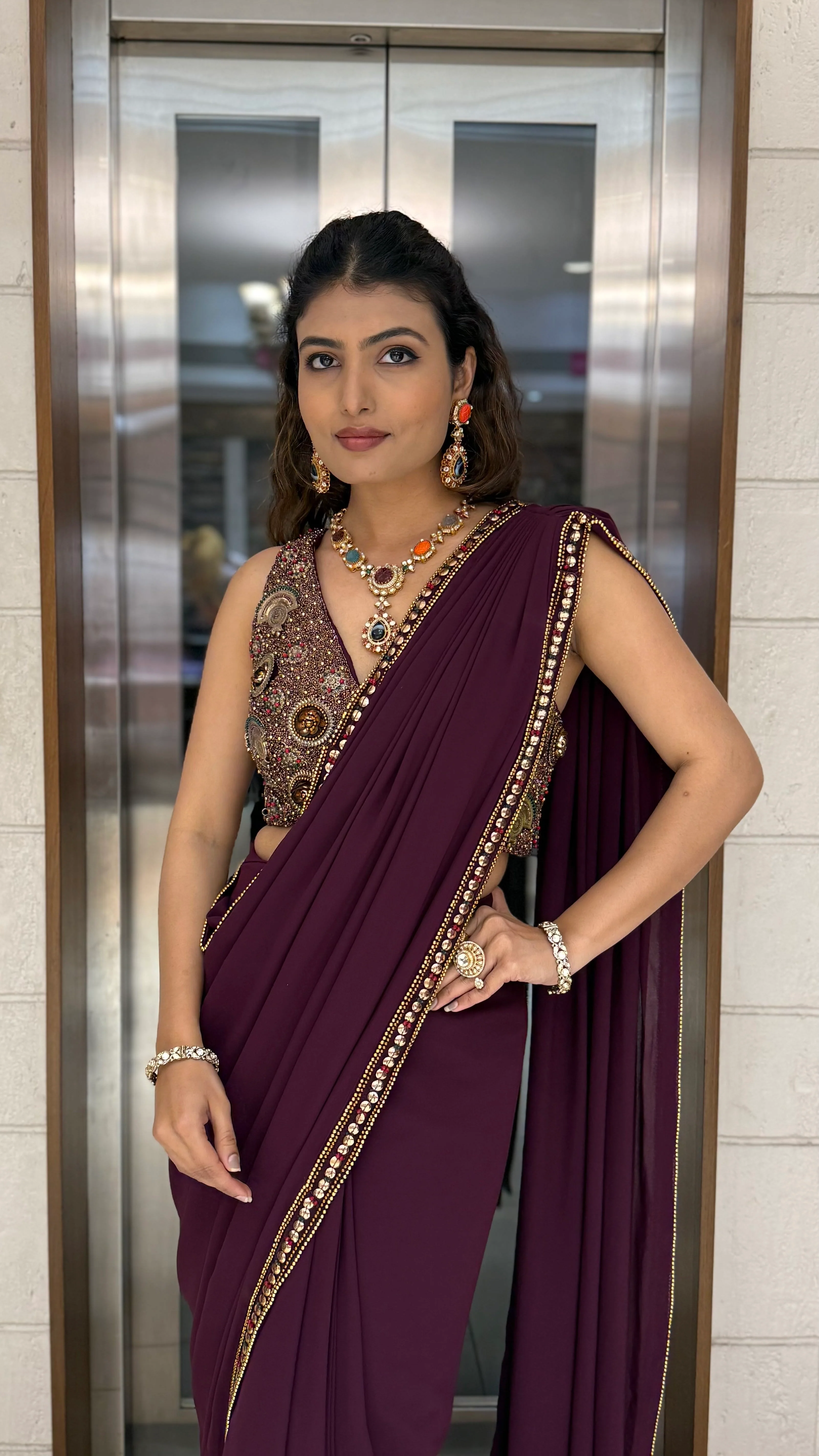 Wine Plum Pre-Draped Saree with Hand-Embellished Statement Blouse - Image 4