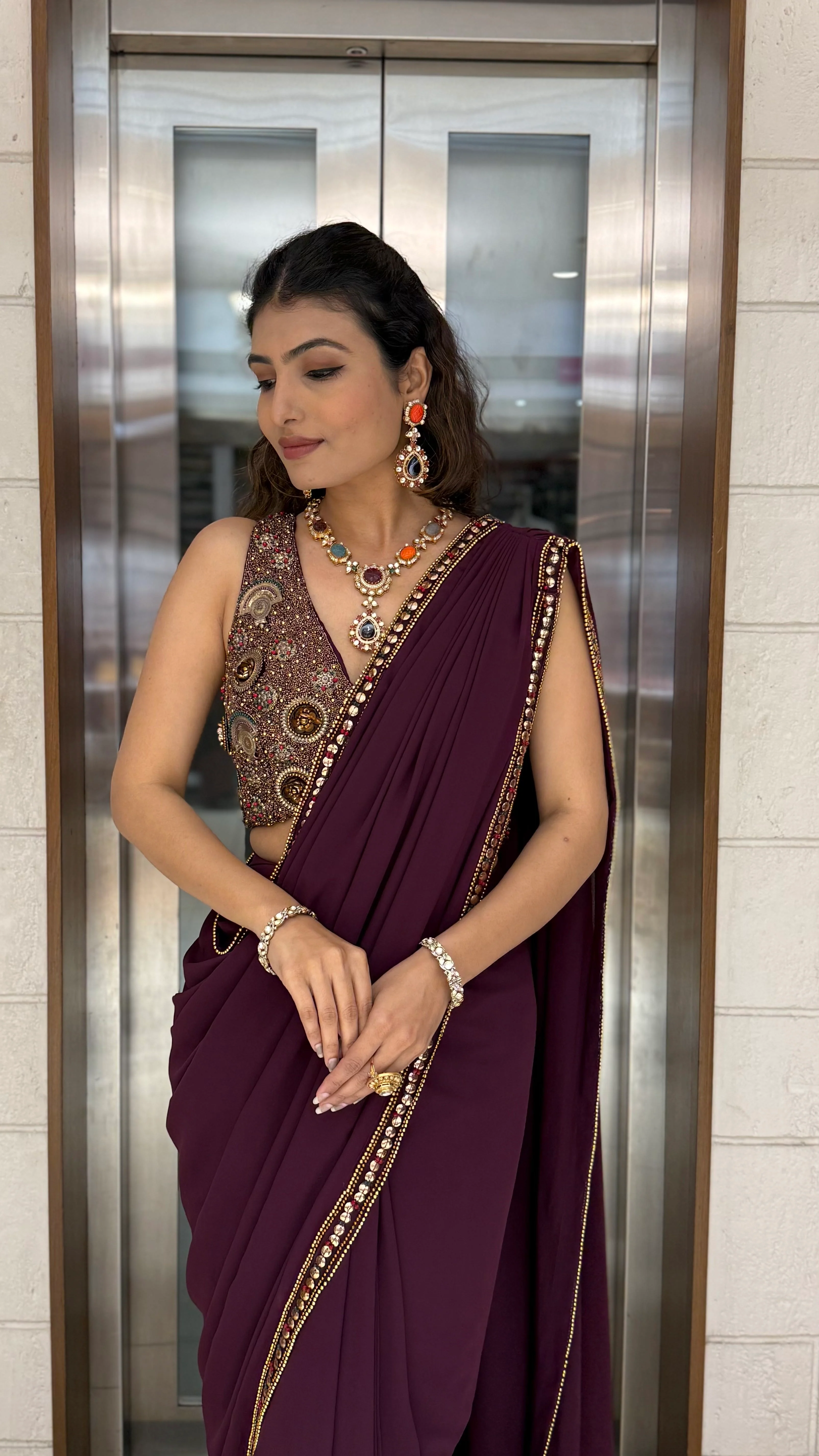 Wine Plum Pre-Draped Saree with Hand-Embellished Statement Blouse - Image 5
