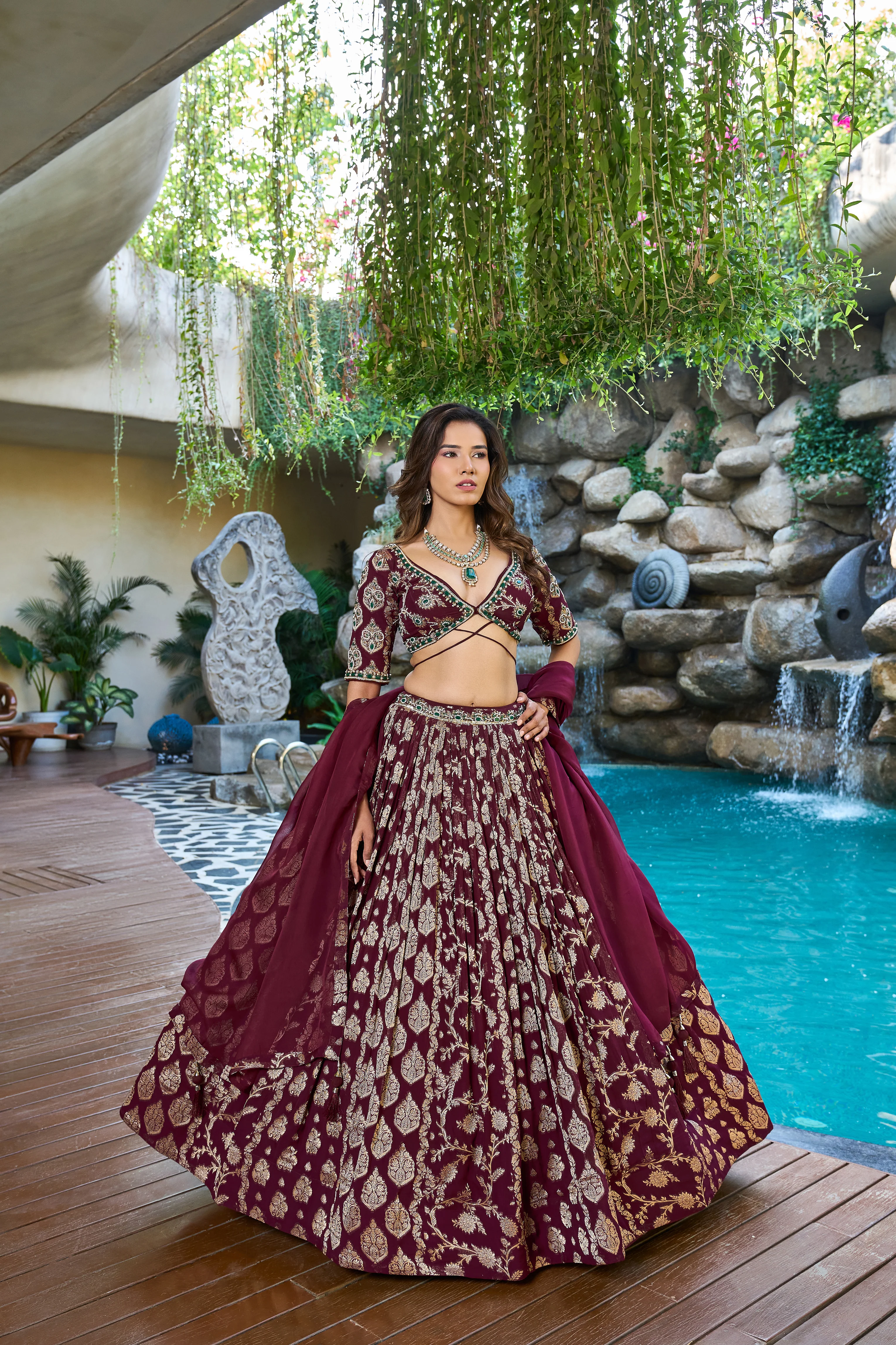 Wine Purple Designer Lehenga Set with Gold Brocade Work & Tie-Up Blouse - Image 3