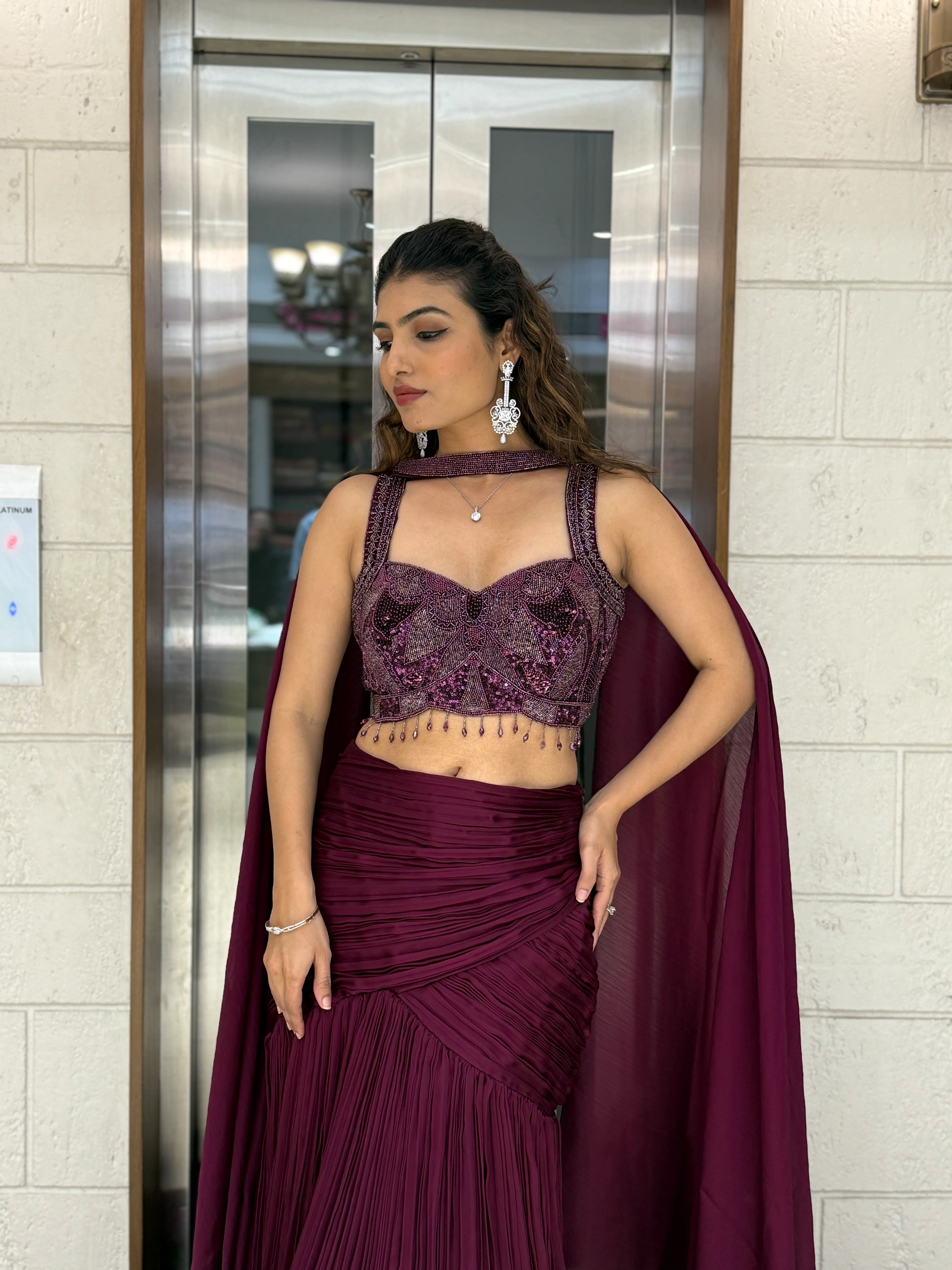 Wine Purple Designer Mermaid Gown with Draped Cape & Crystal Hand Embroidery - Image 2