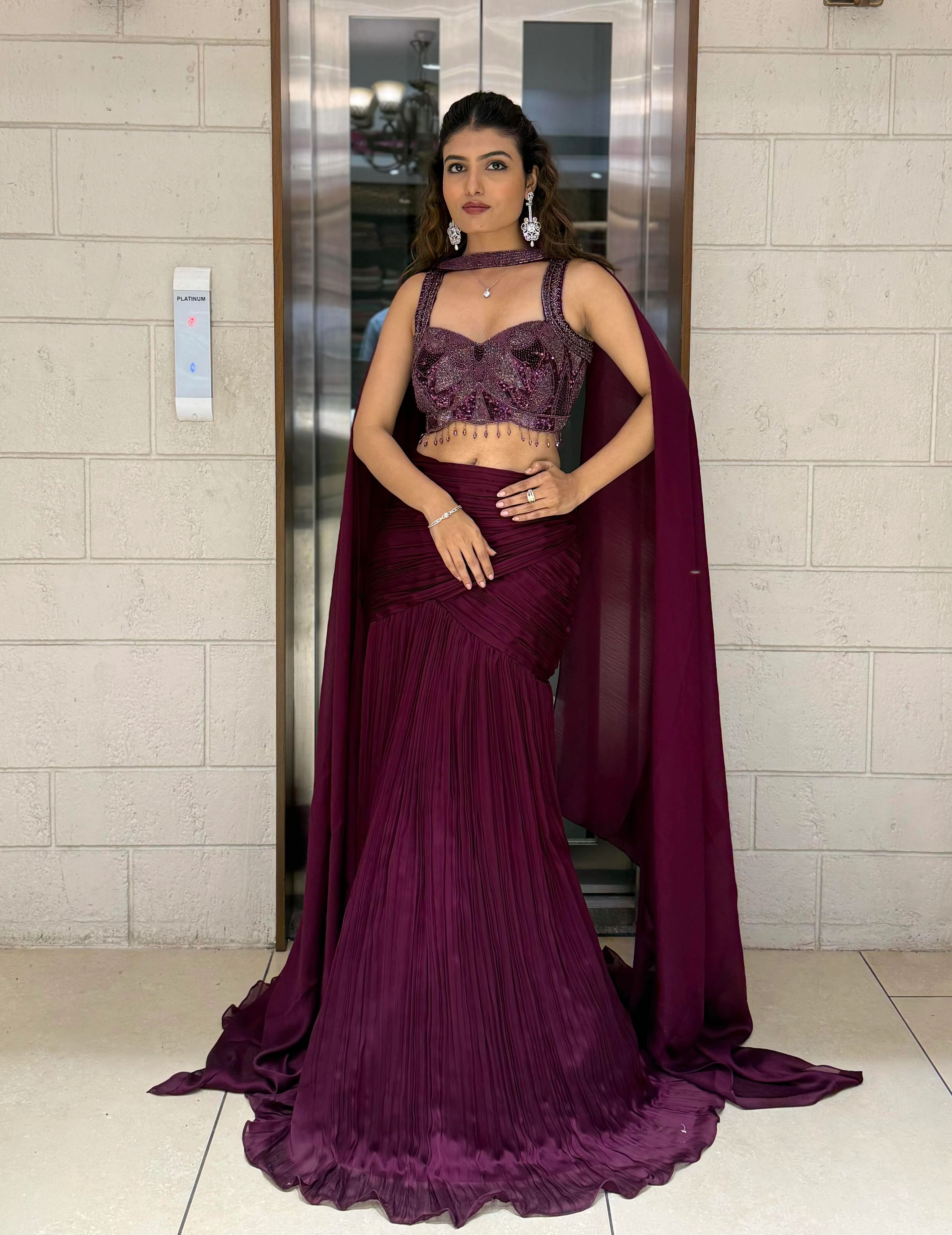 Wine Purple Designer Mermaid Gown with Draped Cape & Crystal Hand Embroidery - Image 3