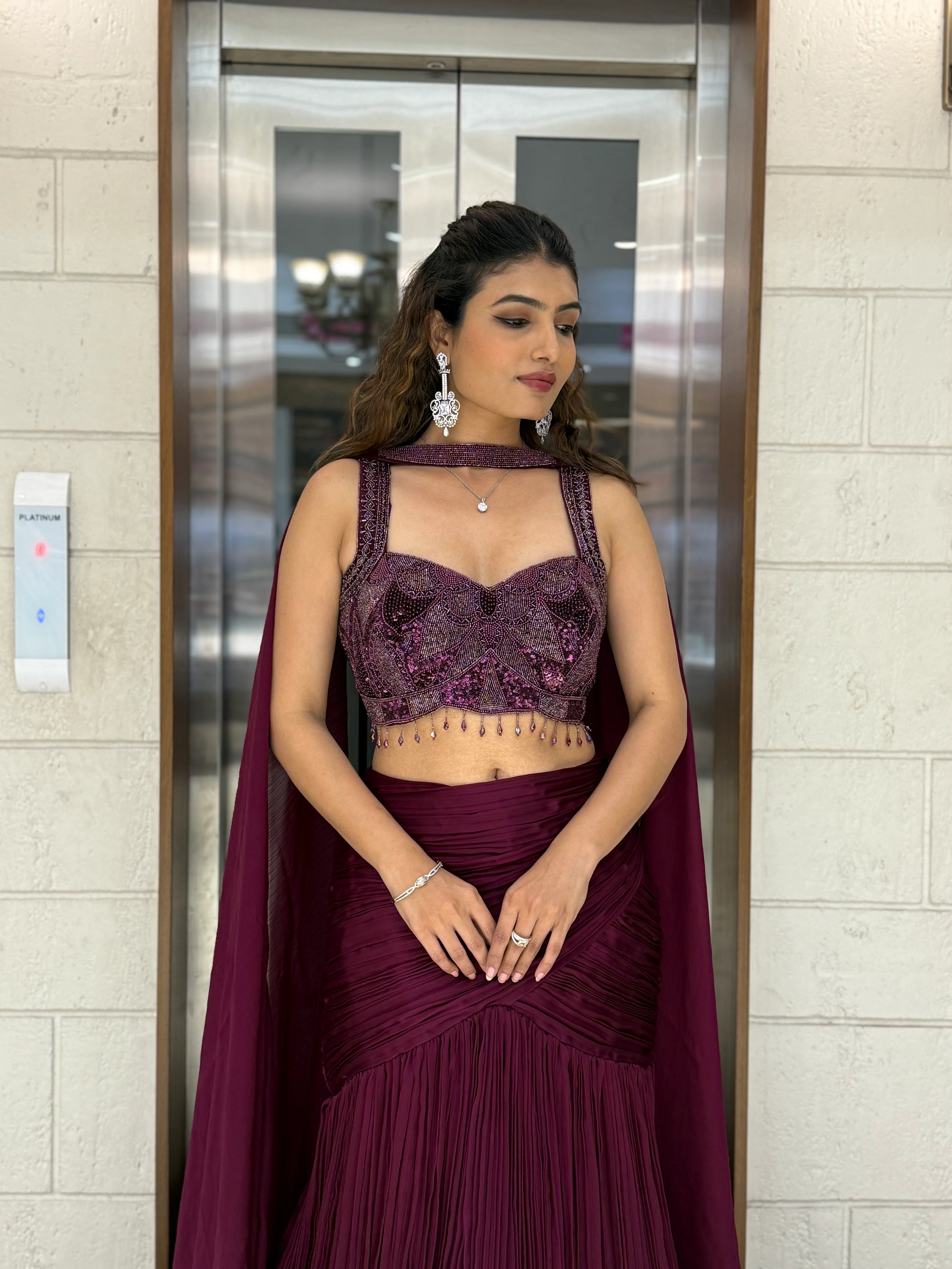 Wine Purple Designer Mermaid Gown with Draped Cape & Crystal Hand Embroidery - Image 4