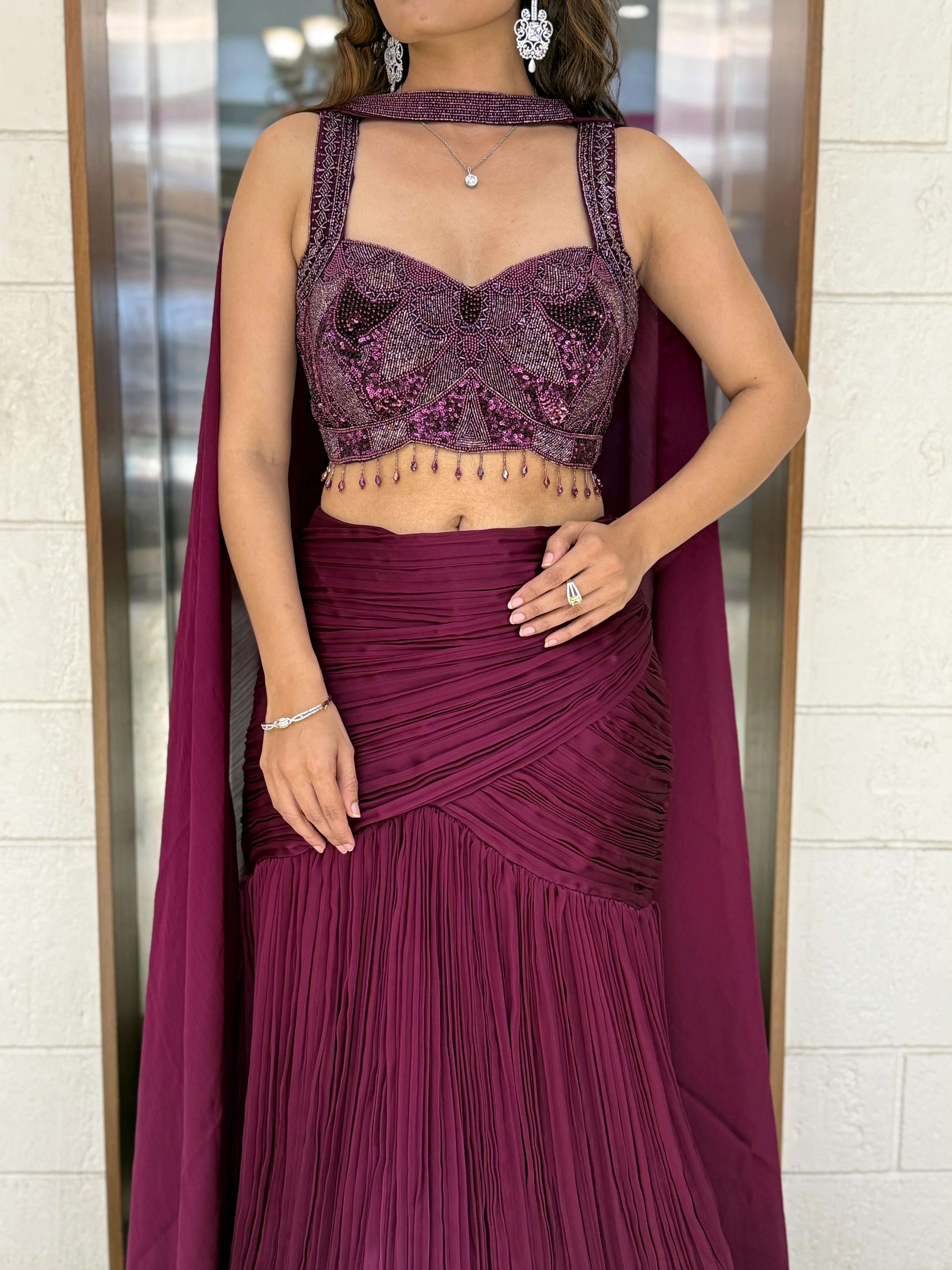 Wine Purple Designer Mermaid Gown with Draped Cape & Crystal Hand Embroidery - Image 5