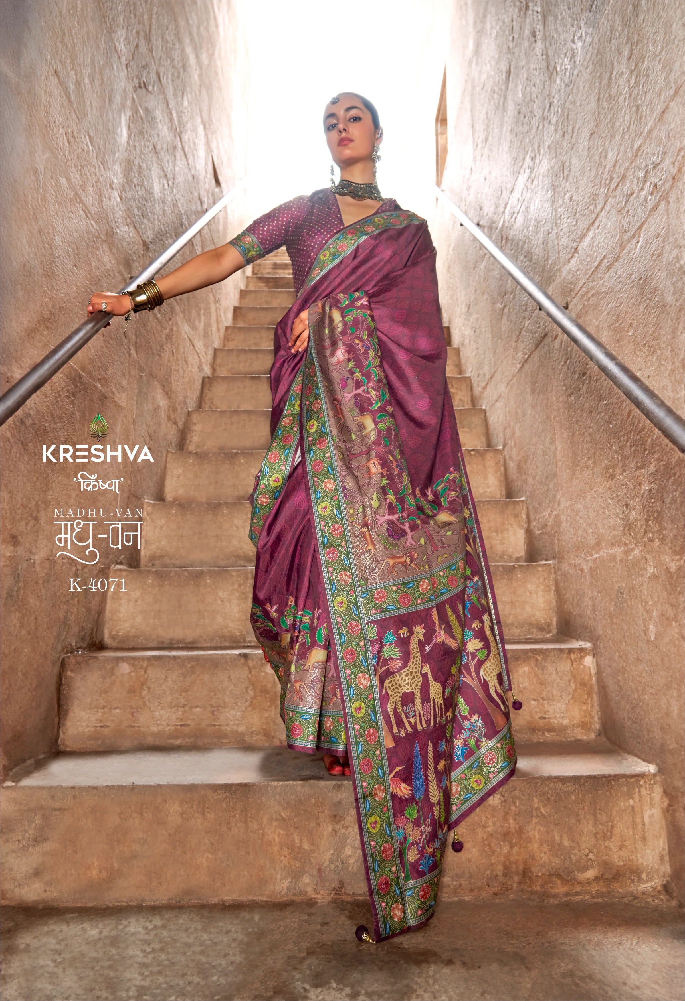Wine Purple Pashmina Inspired Designer Saree with Heritage Animal Border - Image 2