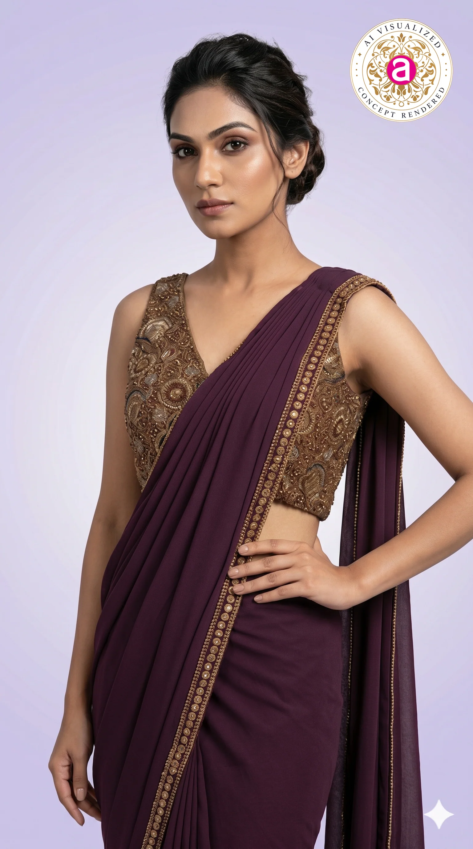 Wine Purple Ready-to-Wear Saree with Embellished Designer Blouse - Image 2
