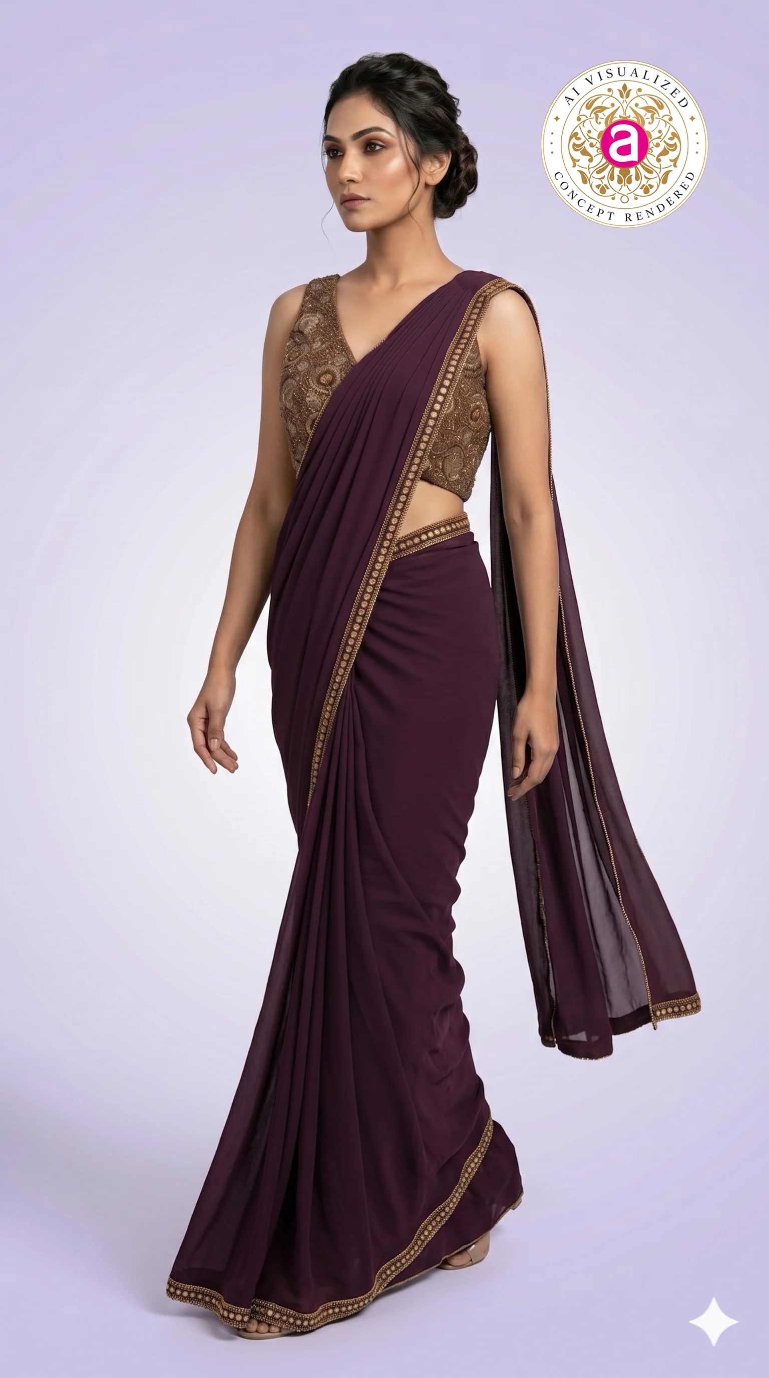 Wine Purple Ready-to-Wear Saree with Embellished Designer Blouse - Image 3