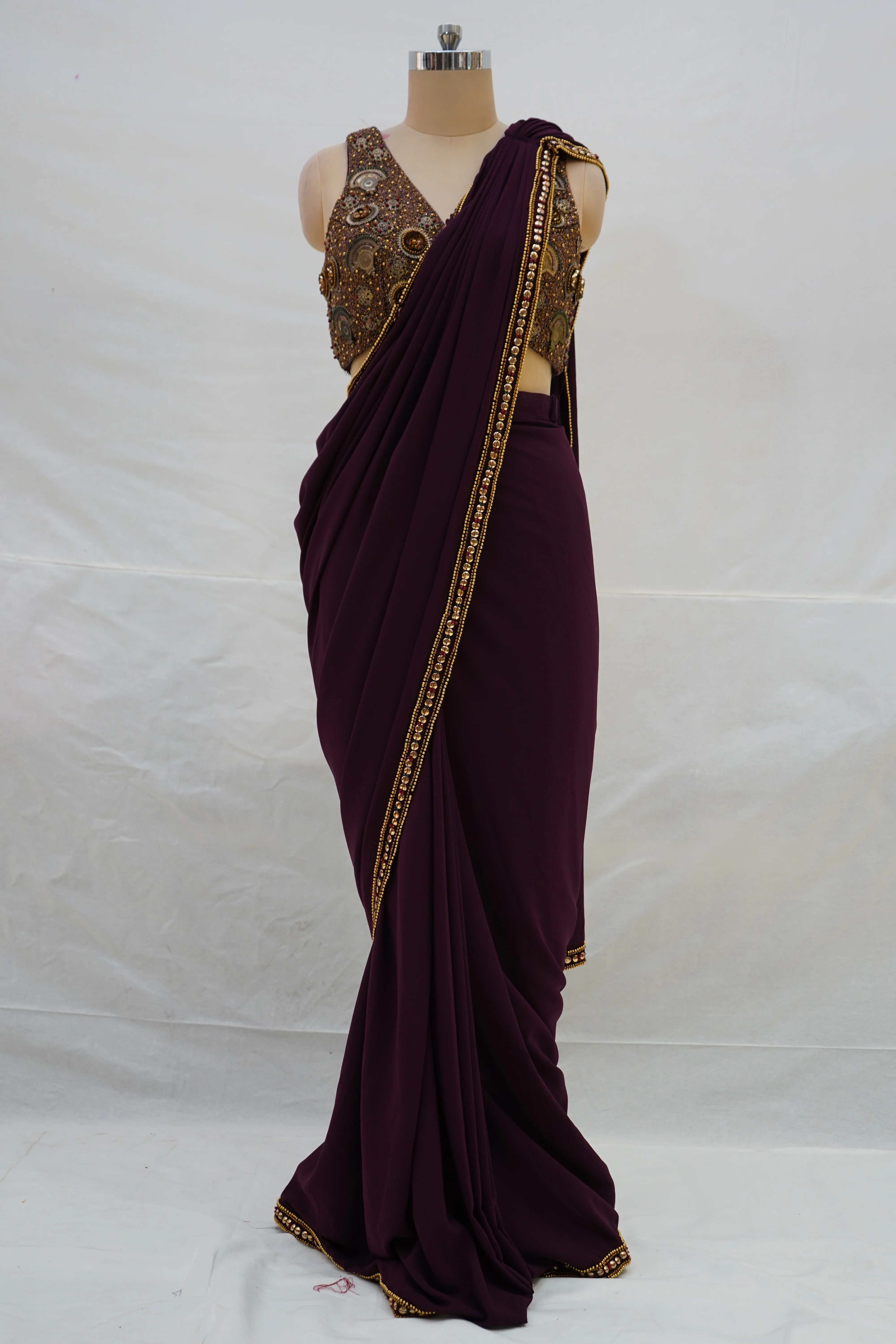 Wine Purple Ready-to-Wear Saree with Embellished Designer Blouse - Image 8