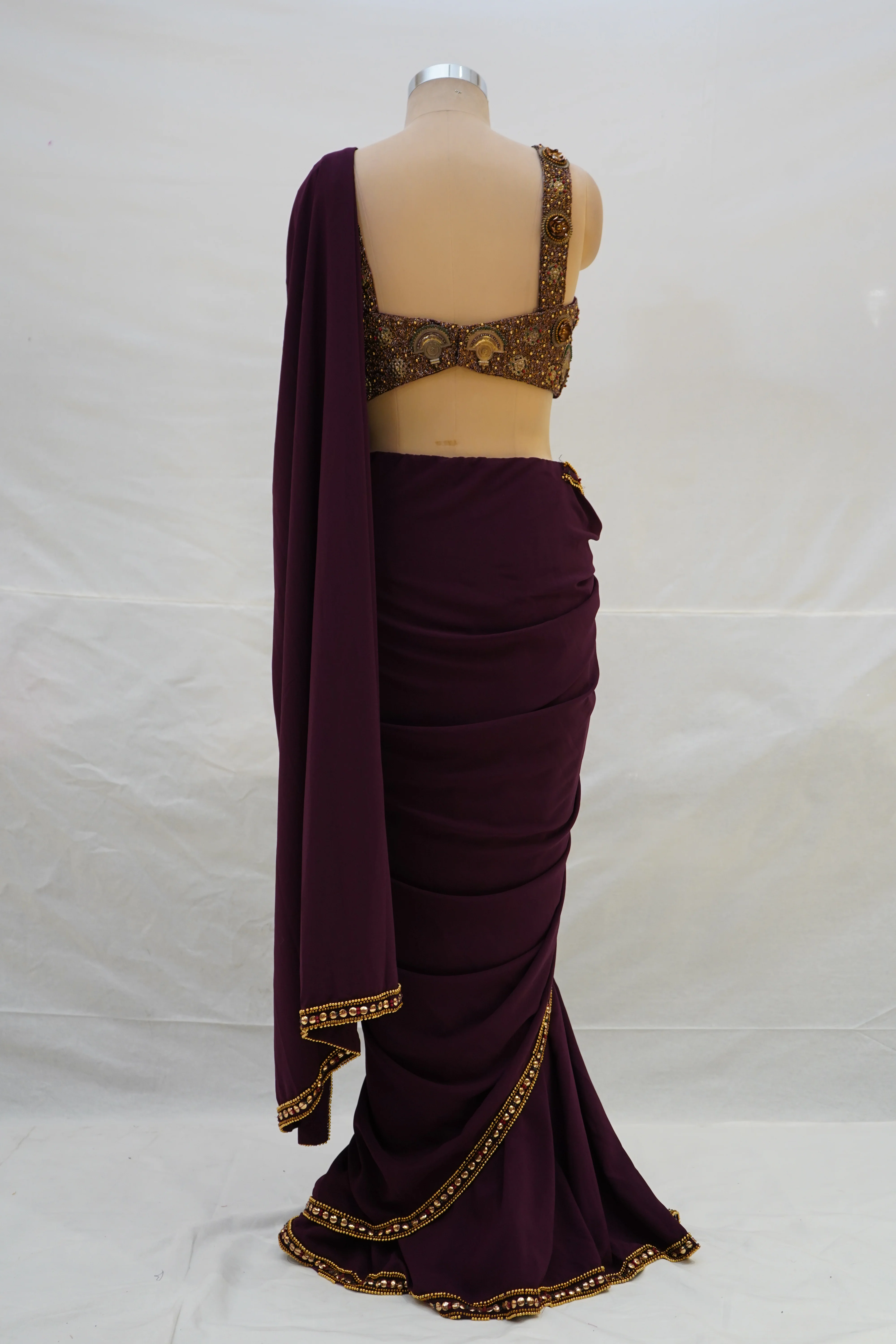 Wine Purple Ready-to-Wear Saree with Embellished Designer Blouse - Image 9