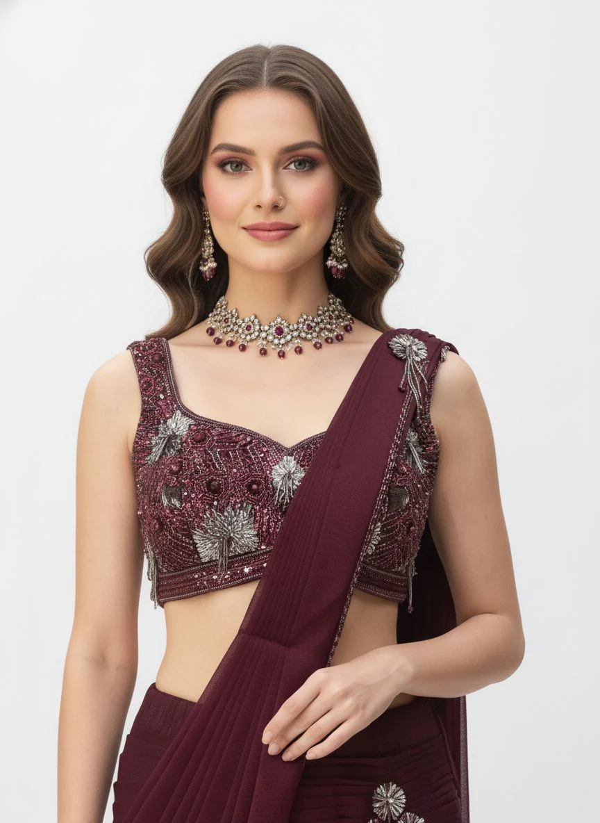 Wine Ready-to-Wear Pre-Draped Saree with Hand-Embroidered Blouse - Image 2