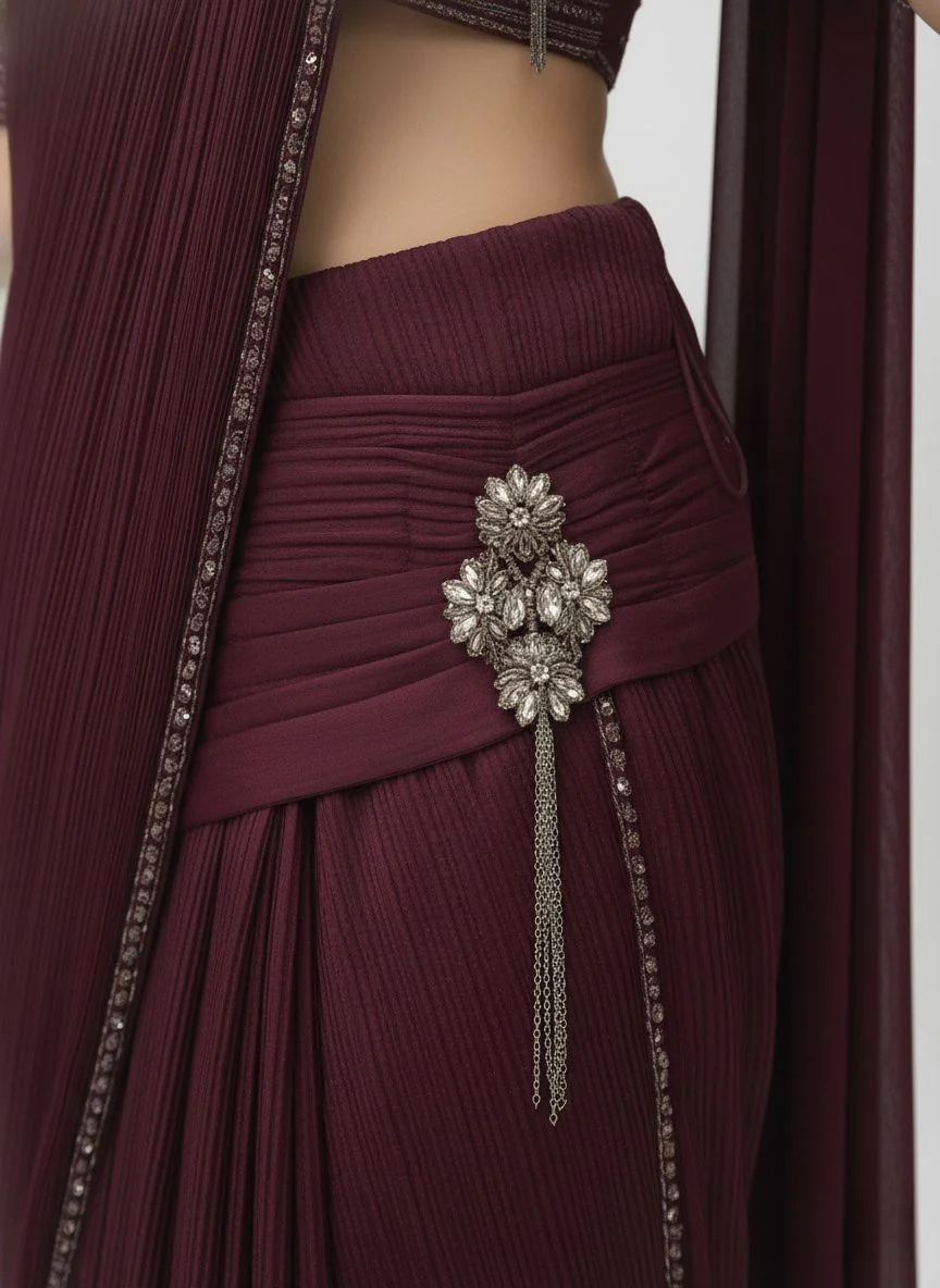 Wine Ready-to-Wear Pre-Draped Saree with Hand-Embroidered Blouse - Image 3