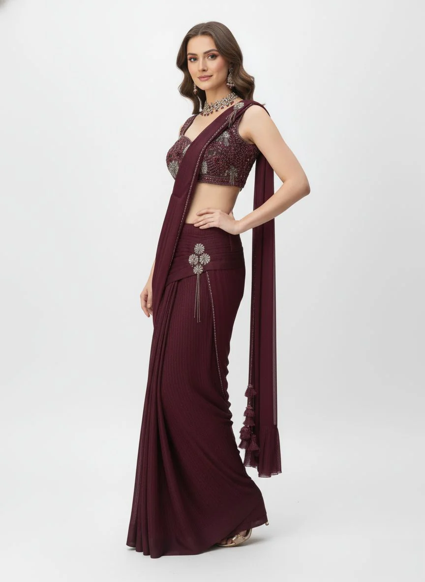 Wine Ready-to-Wear Pre-Draped Saree with Hand-Embroidered Blouse - Image 4