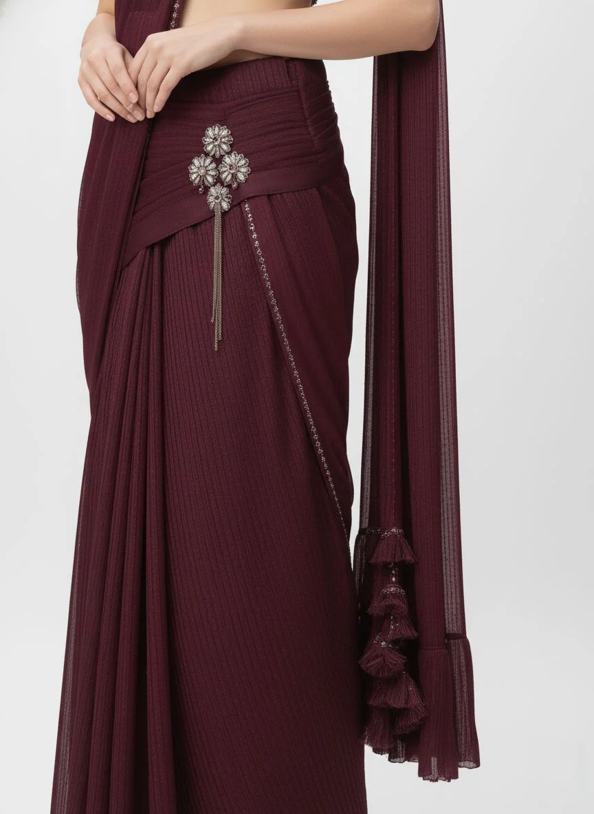 Wine Ready-to-Wear Pre-Draped Saree with Hand-Embroidered Blouse - Image 5